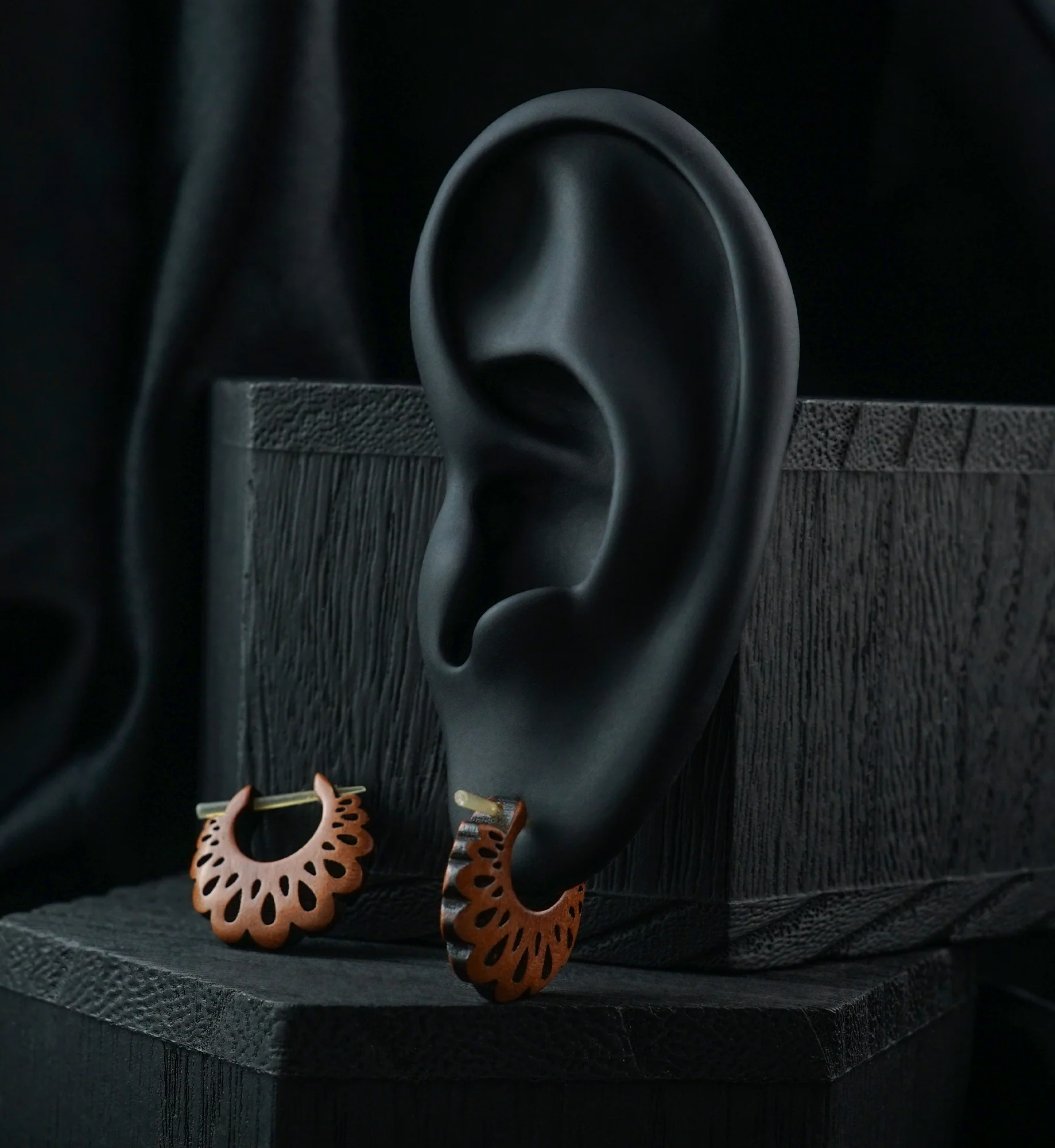 Teardrop Scallop Hoop Wood Earrings - Image 2