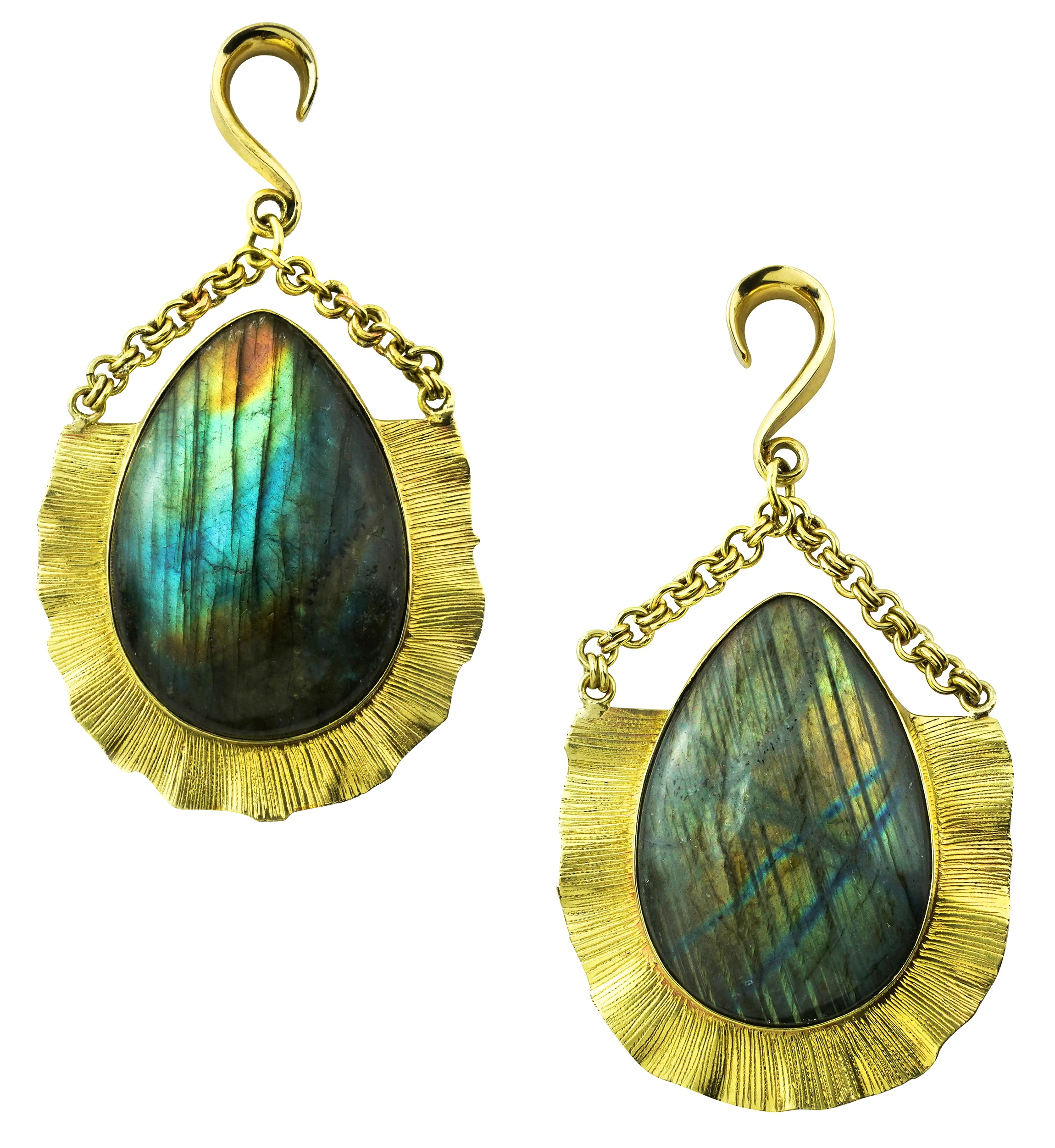 Teardrop Score Labradorite Stone Hanging Brass Ear Weights