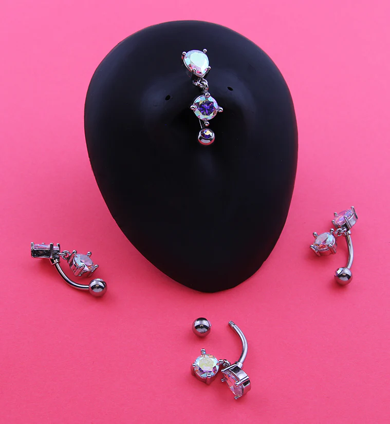 Teardrop Top Rainbow Aurora CZ Dangle Stainless Steel Belly Button Ring - Image 2