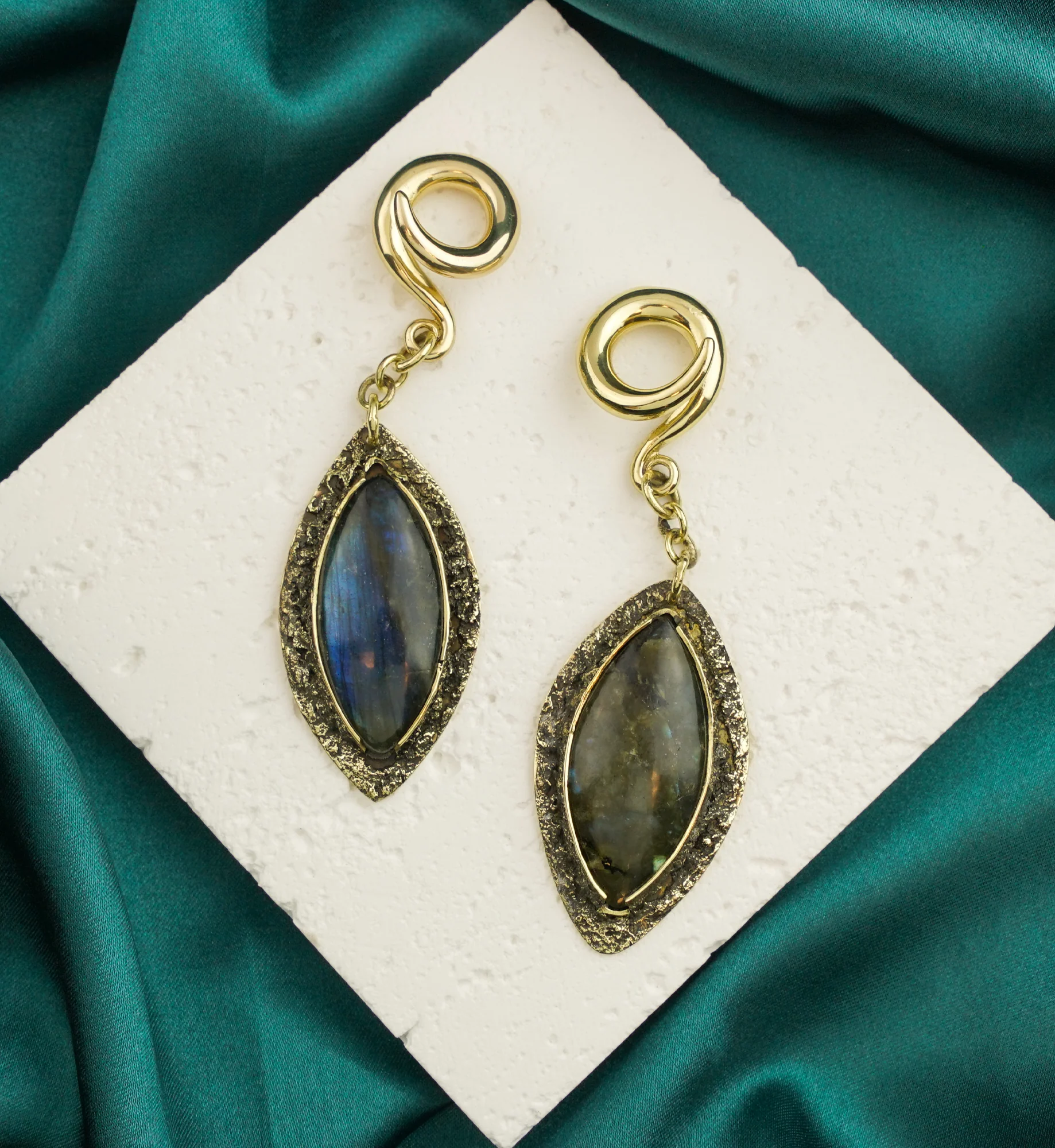 Textured Labradorite Stone Brass Hangers/Ear Weights Version 1 - Image 2
