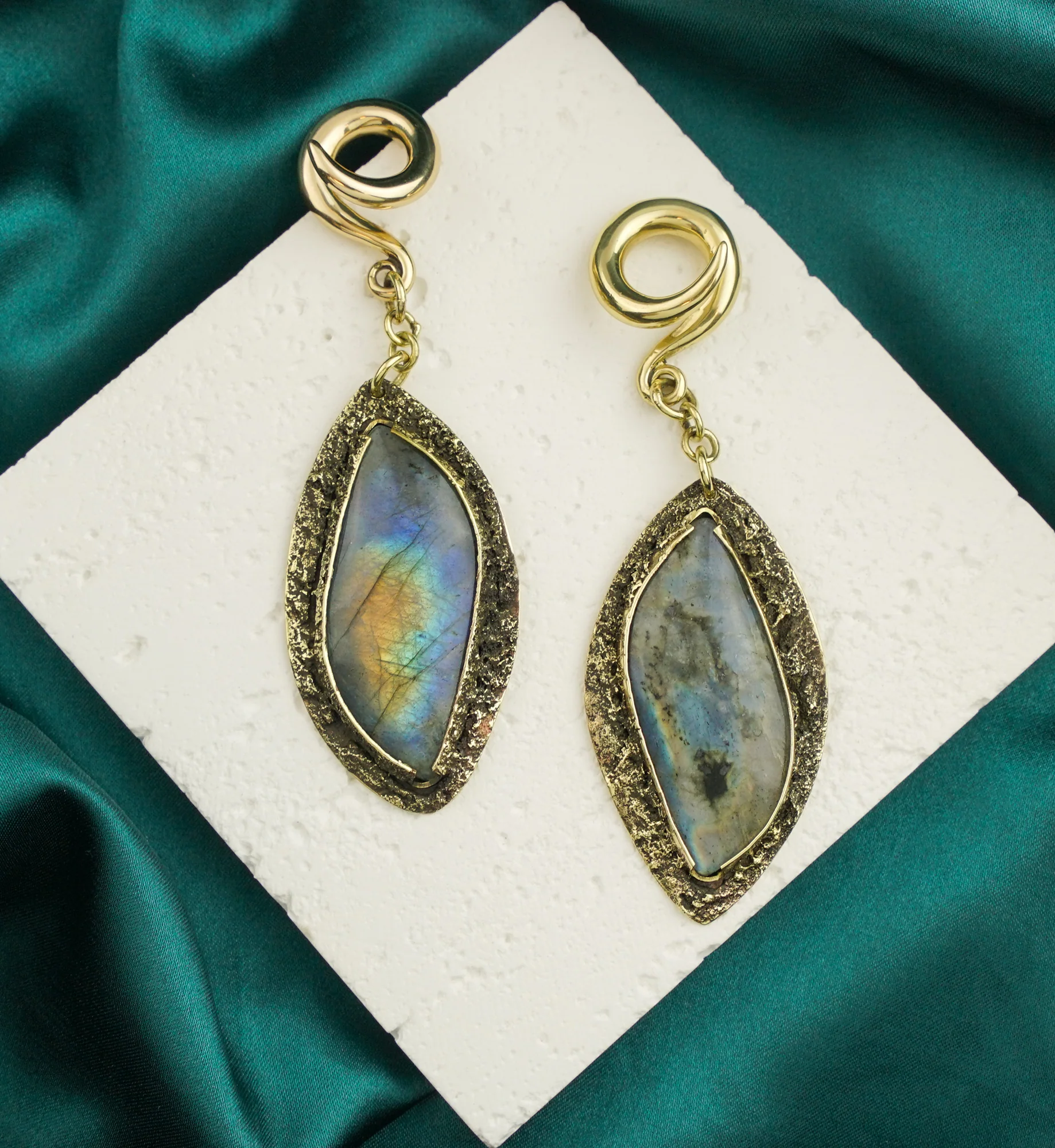Textured Labradorite Stone Brass Hangers/Ear Weights Version 10 - Image 2