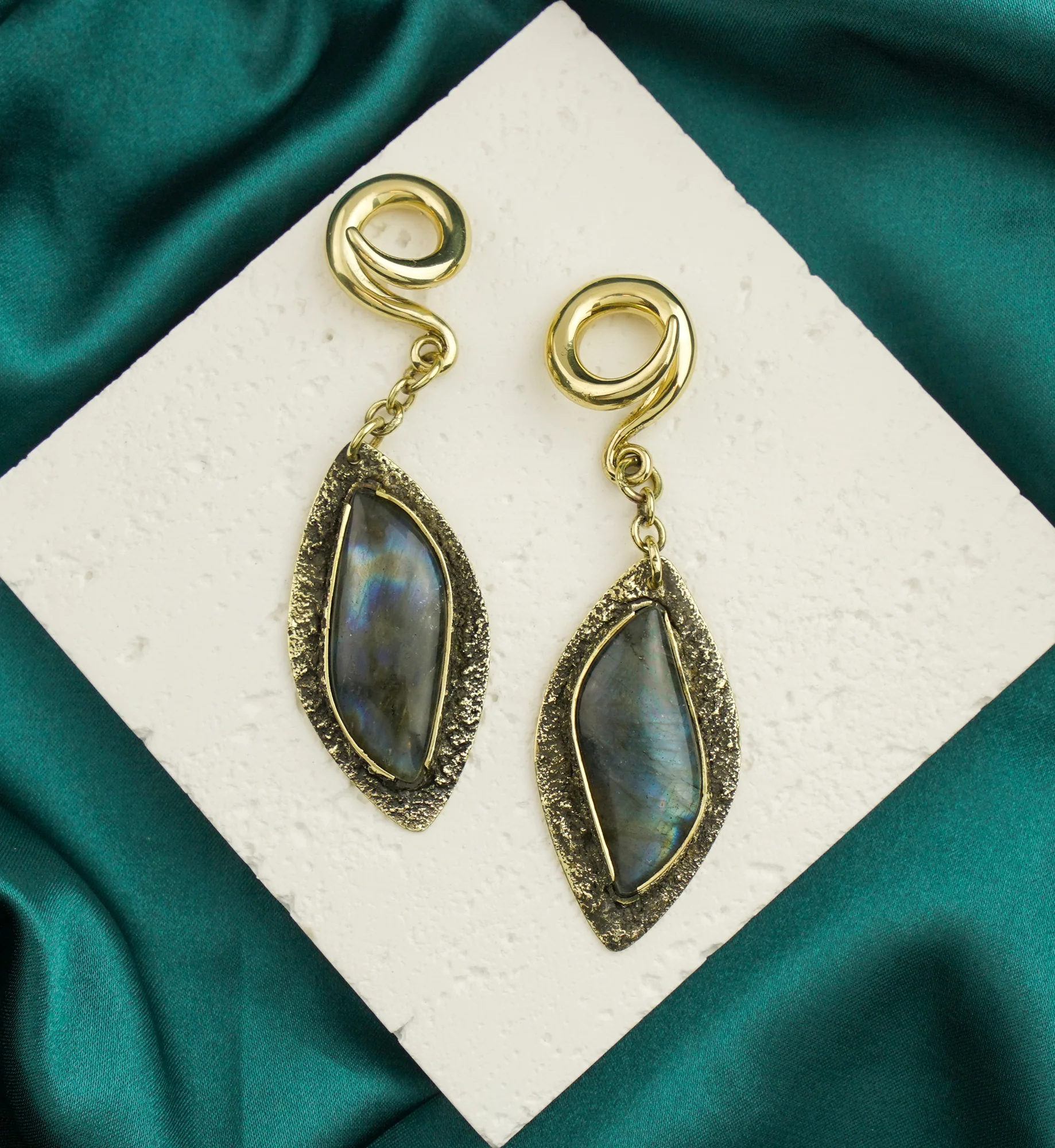 Textured Labradorite Stone Brass Hangers/Ear Weights Version 13 - Image 2