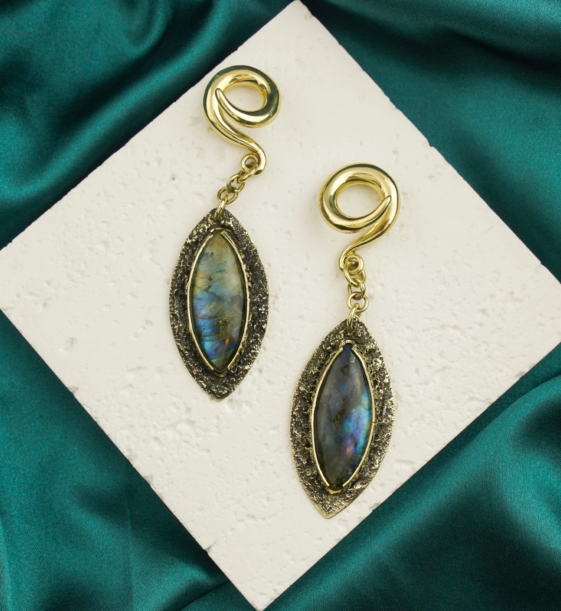 Textured Labradorite Stone Brass Hangers/Ear Weights Version 14 - Image 2