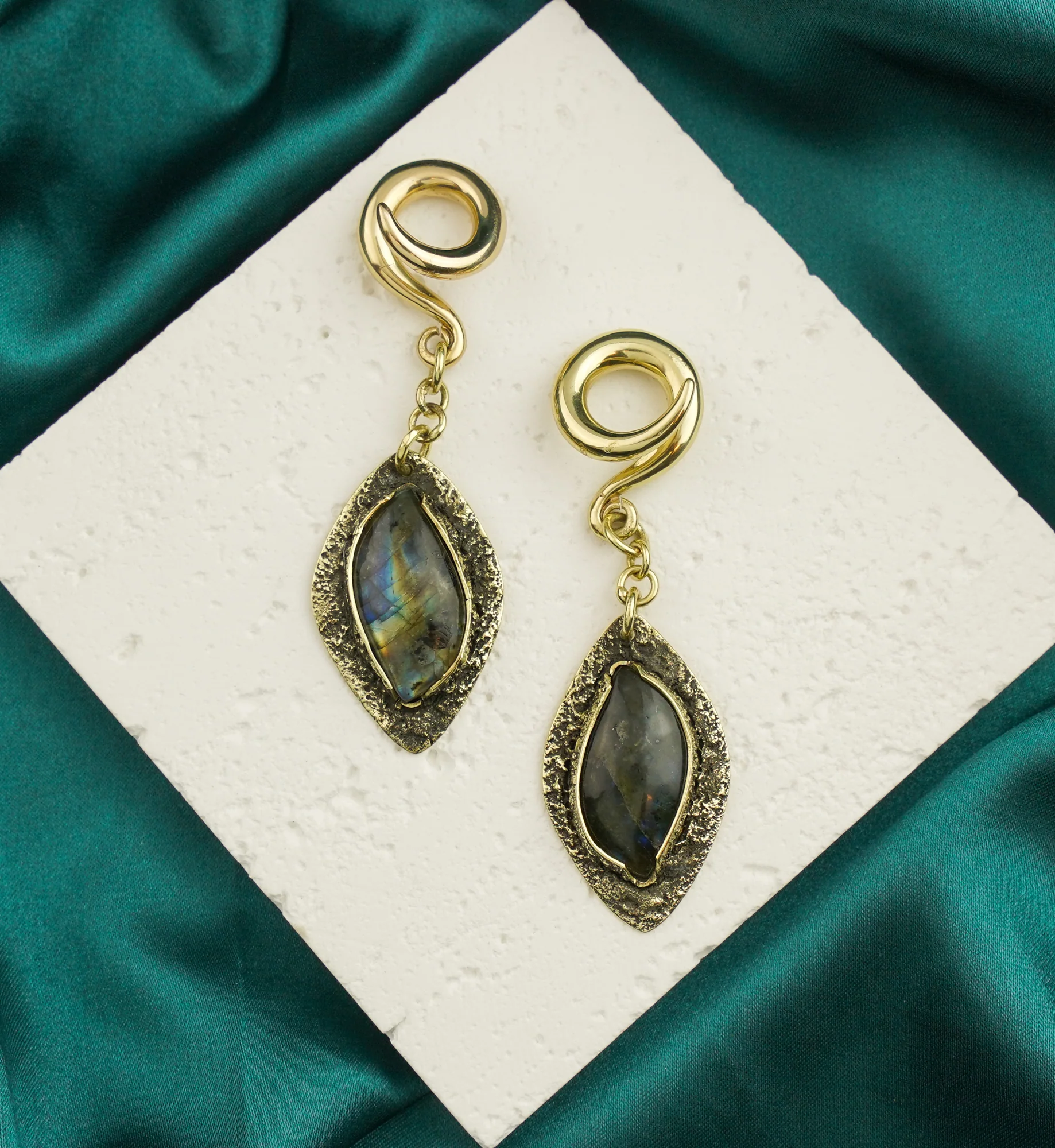 Textured Labradorite Stone Brass Hangers/Ear Weights Version 15 - Image 2