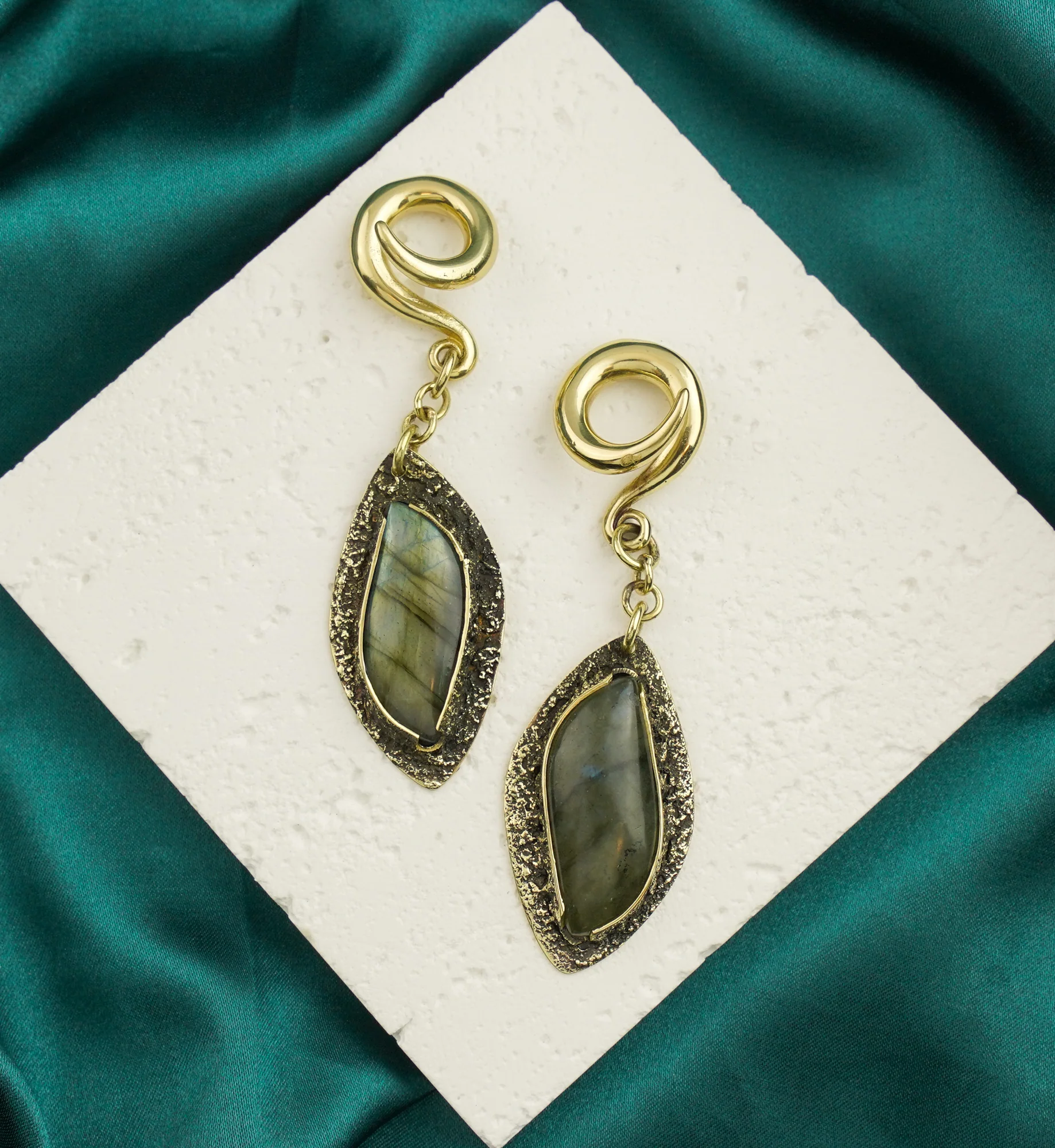 Textured Labradorite Stone Brass Hangers/Ear Weights Version 19 - Image 2
