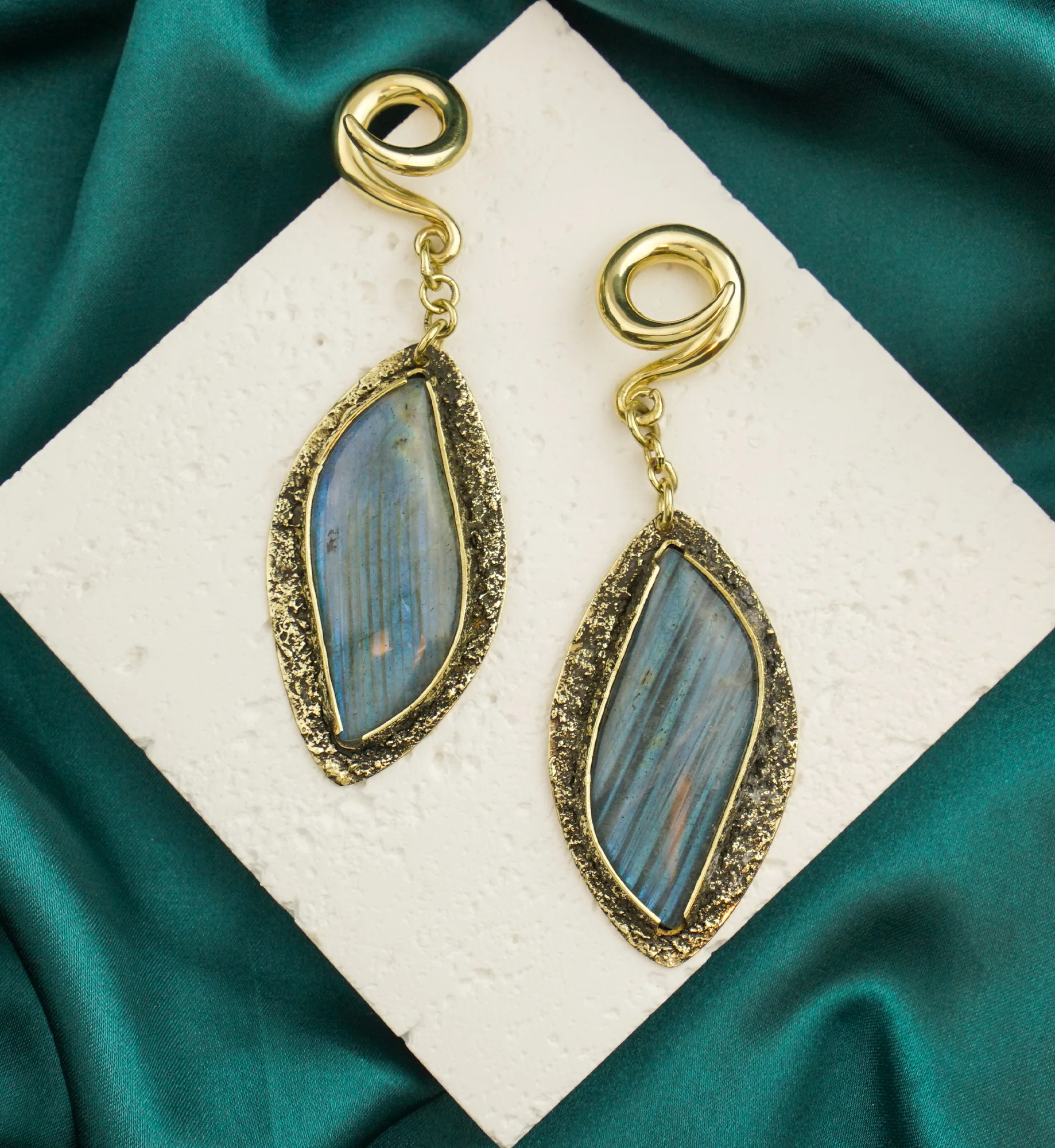 Textured Labradorite Stone Brass Hangers/Ear Weights Version 2 - Image 2