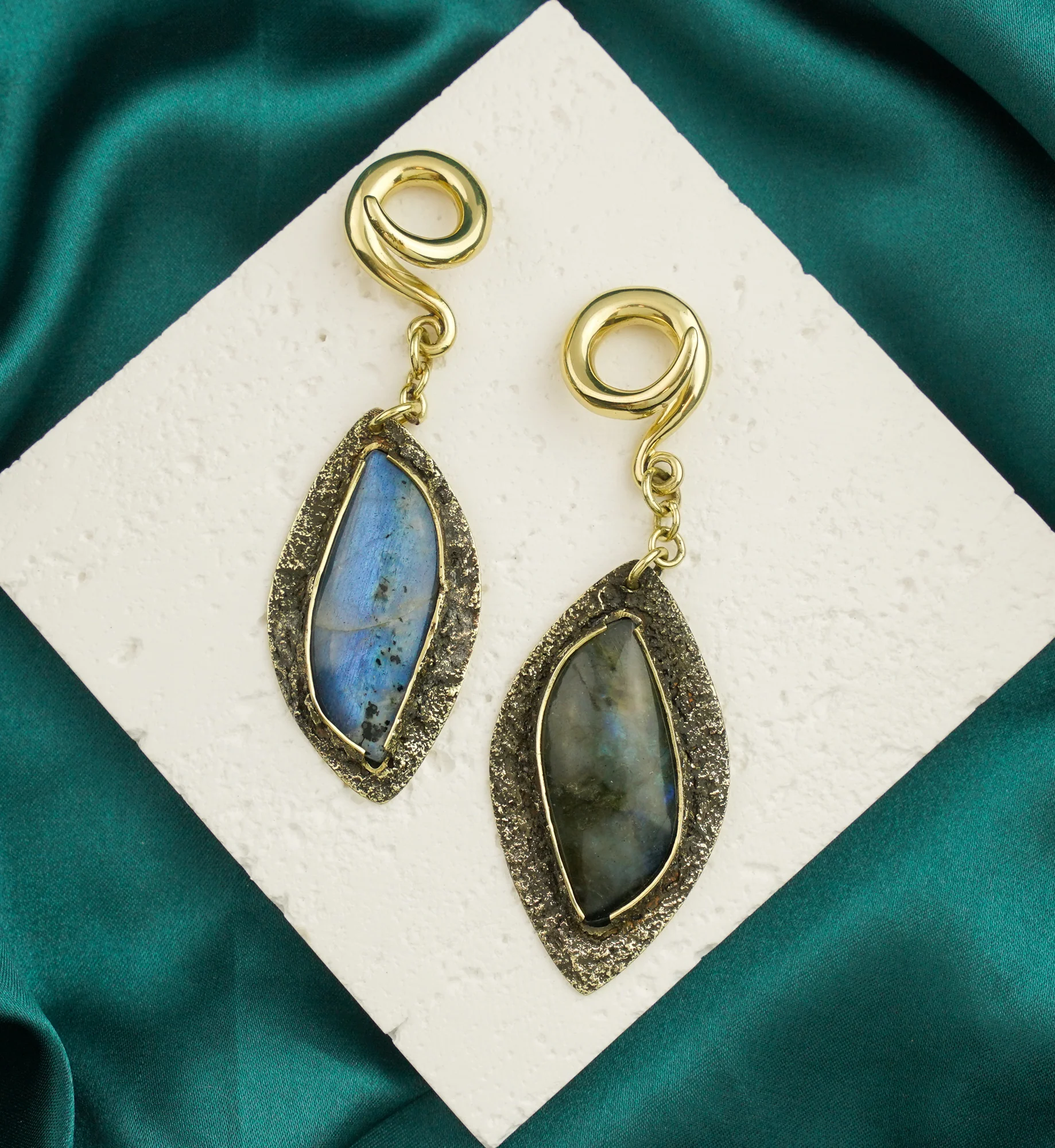 Textured Labradorite Stone Brass Hangers/Ear Weights Version 21 - Image 2