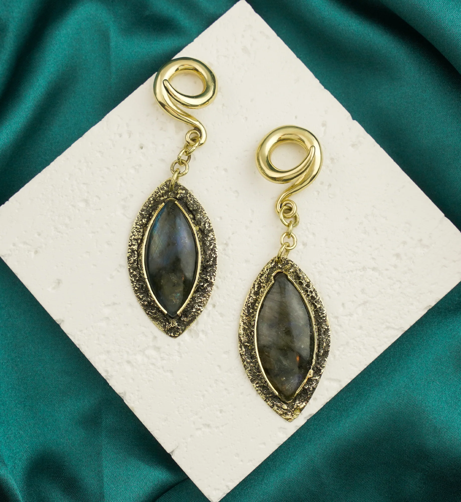 Textured Labradorite Stone Brass Hangers/Ear Weights Version 23 - Image 2