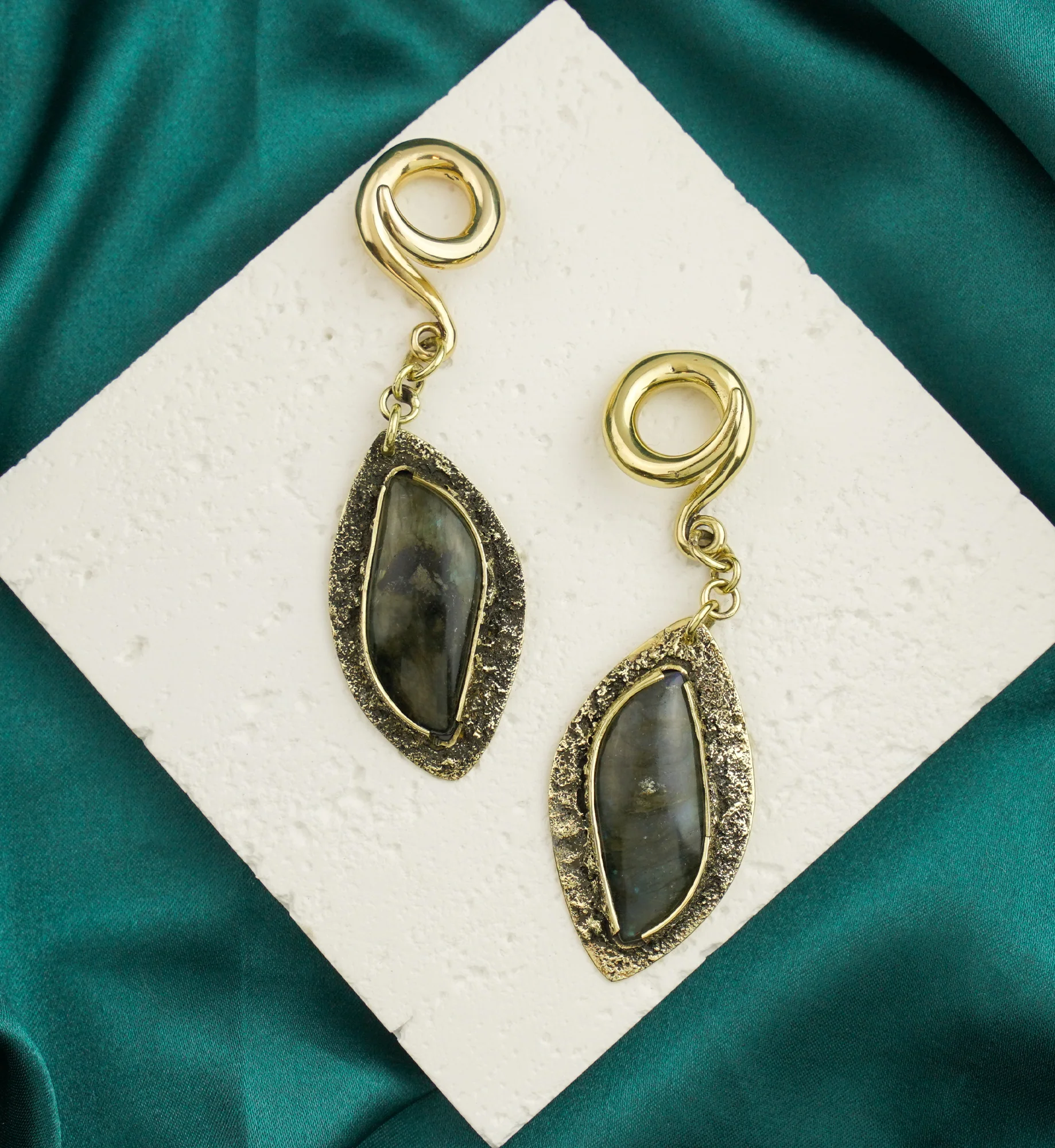 Textured Labradorite Stone Brass Hangers/Ear Weights Version 24 - Image 2