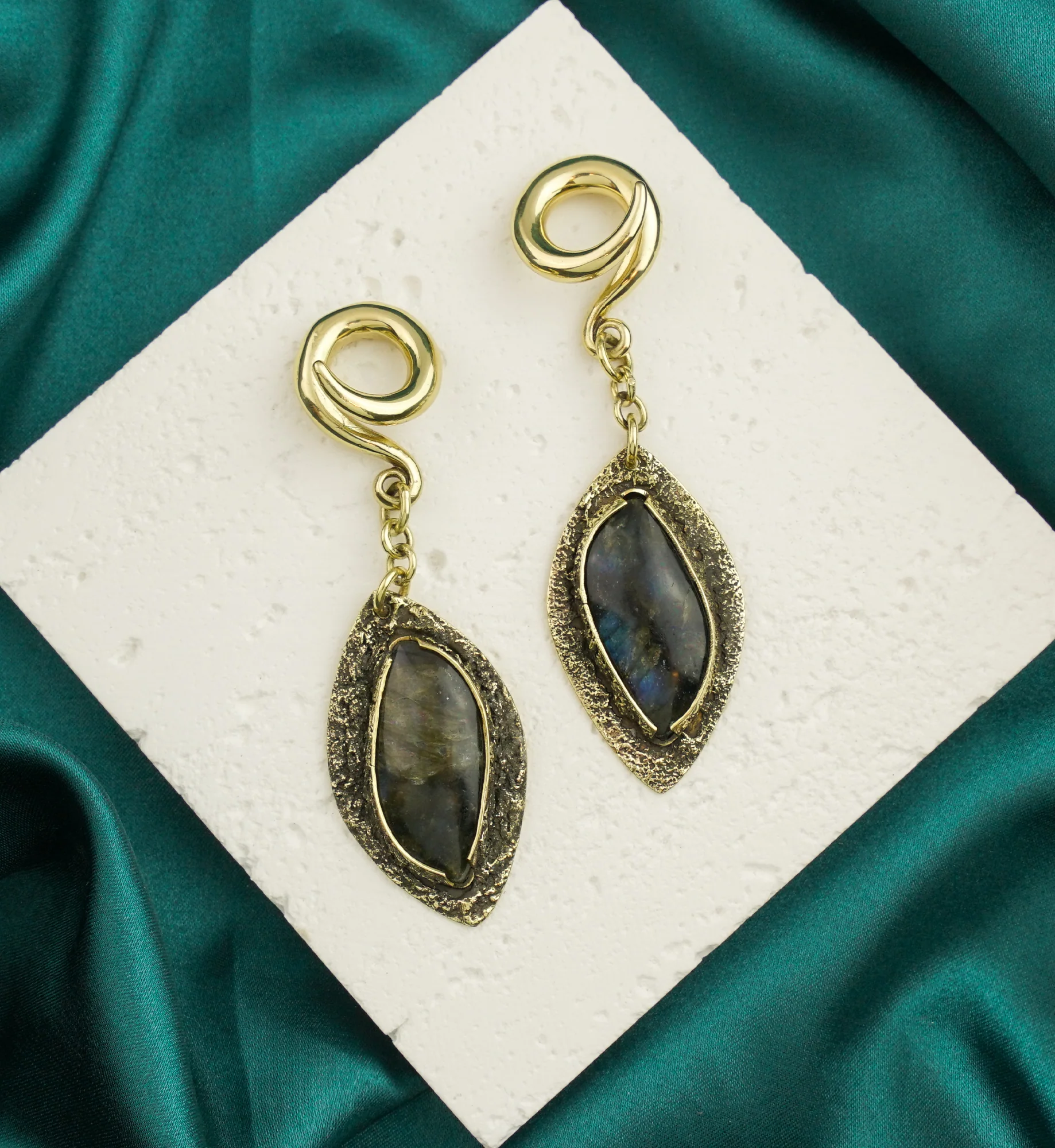 Textured Labradorite Stone Brass Hangers/Ear Weights Version 26 - Image 2