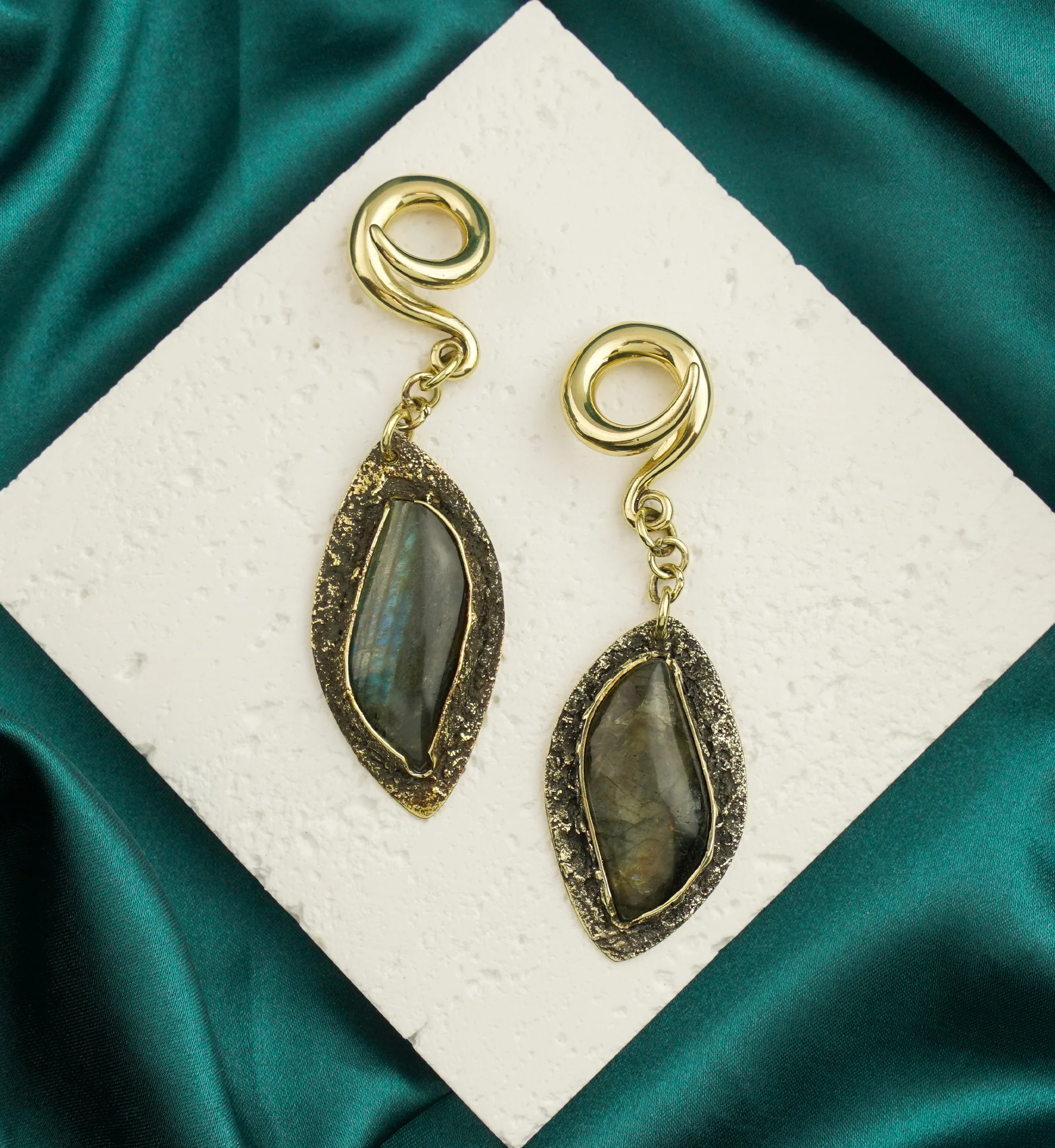Textured Labradorite Stone Brass Hangers/Ear Weights Version 27 - Image 2