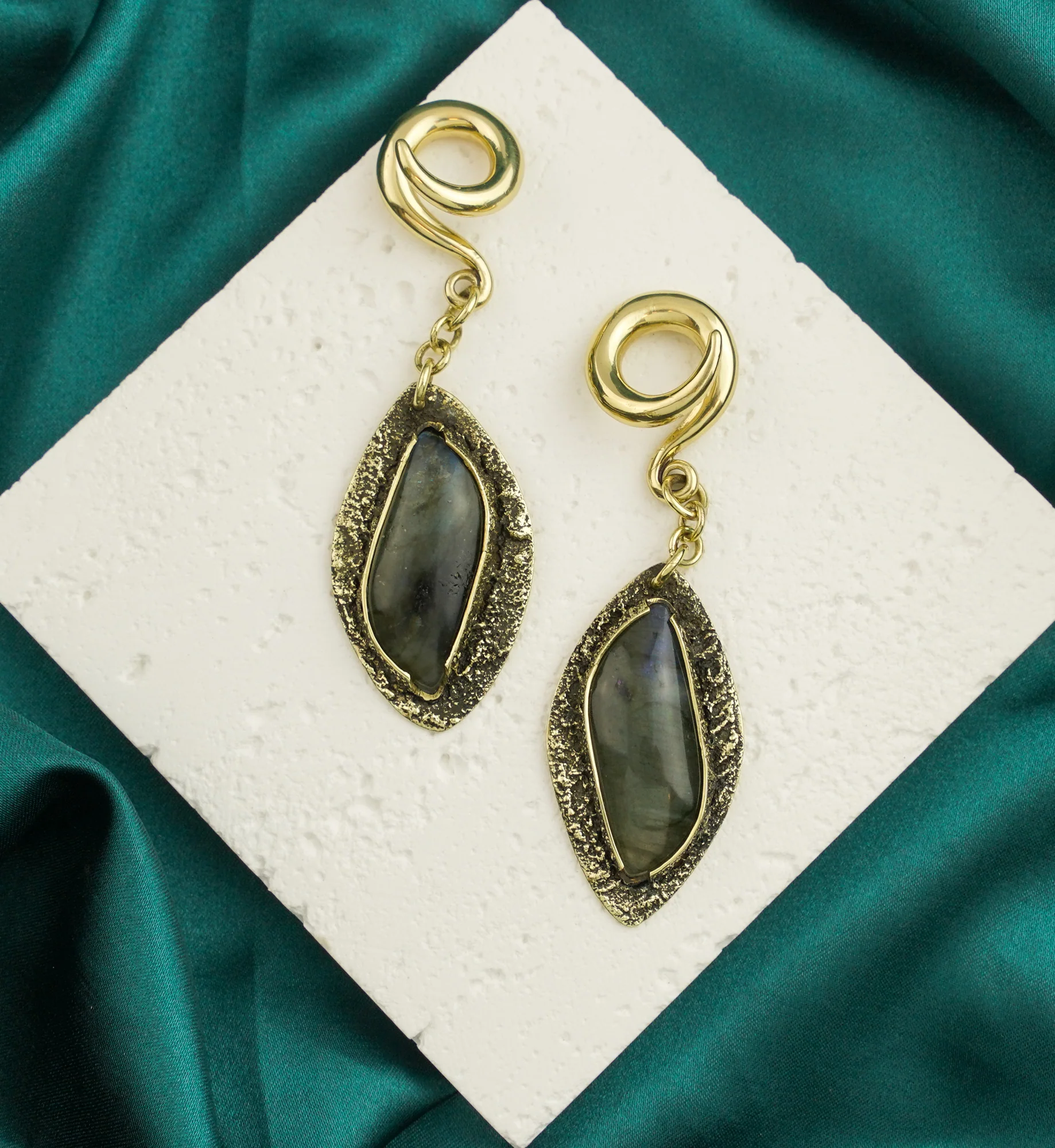 Textured Labradorite Stone Brass Hangers/Ear Weights Version 29 - Image 2