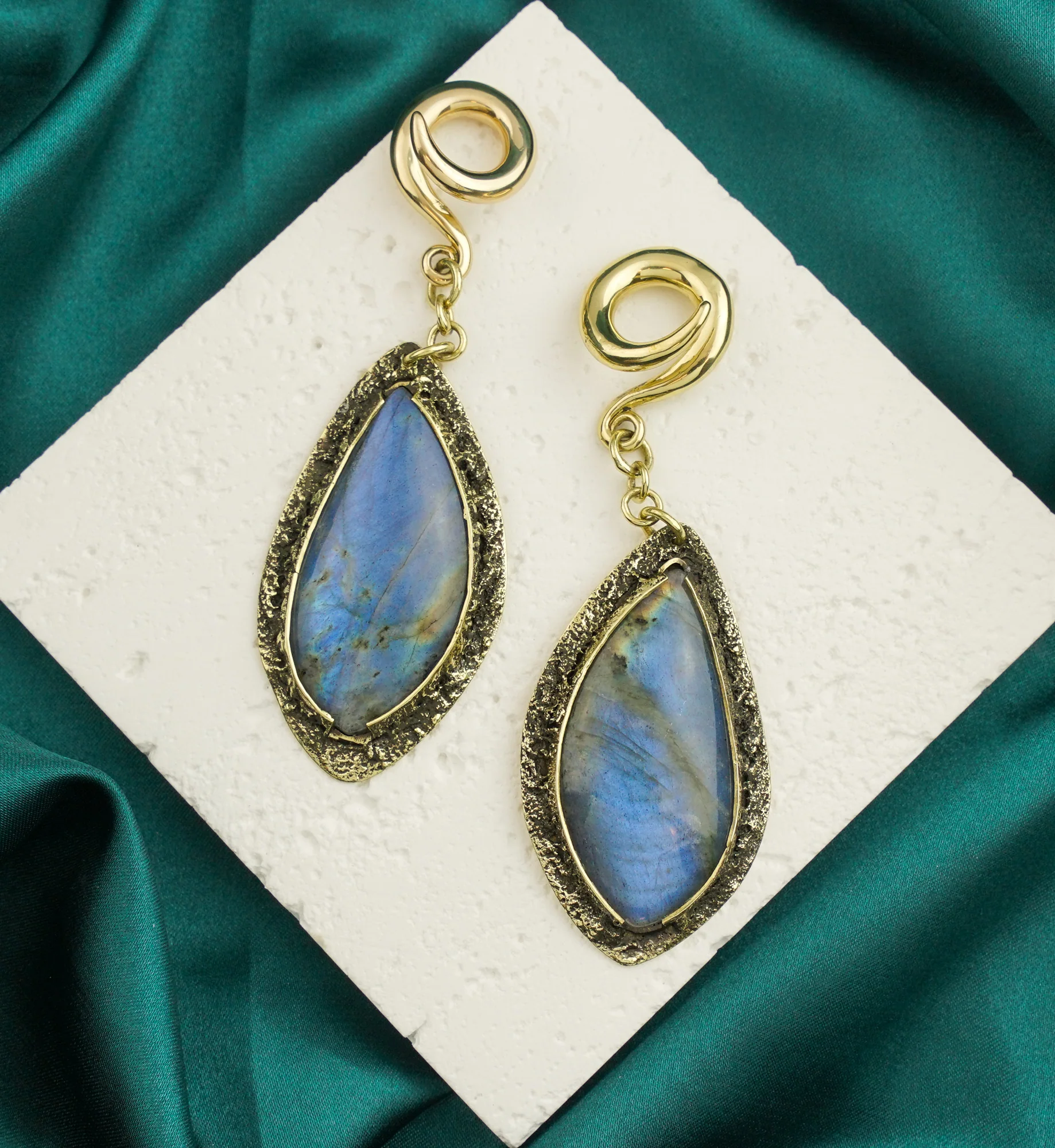 Textured Labradorite Stone Brass Hangers/Ear Weights Version 30 - Image 2