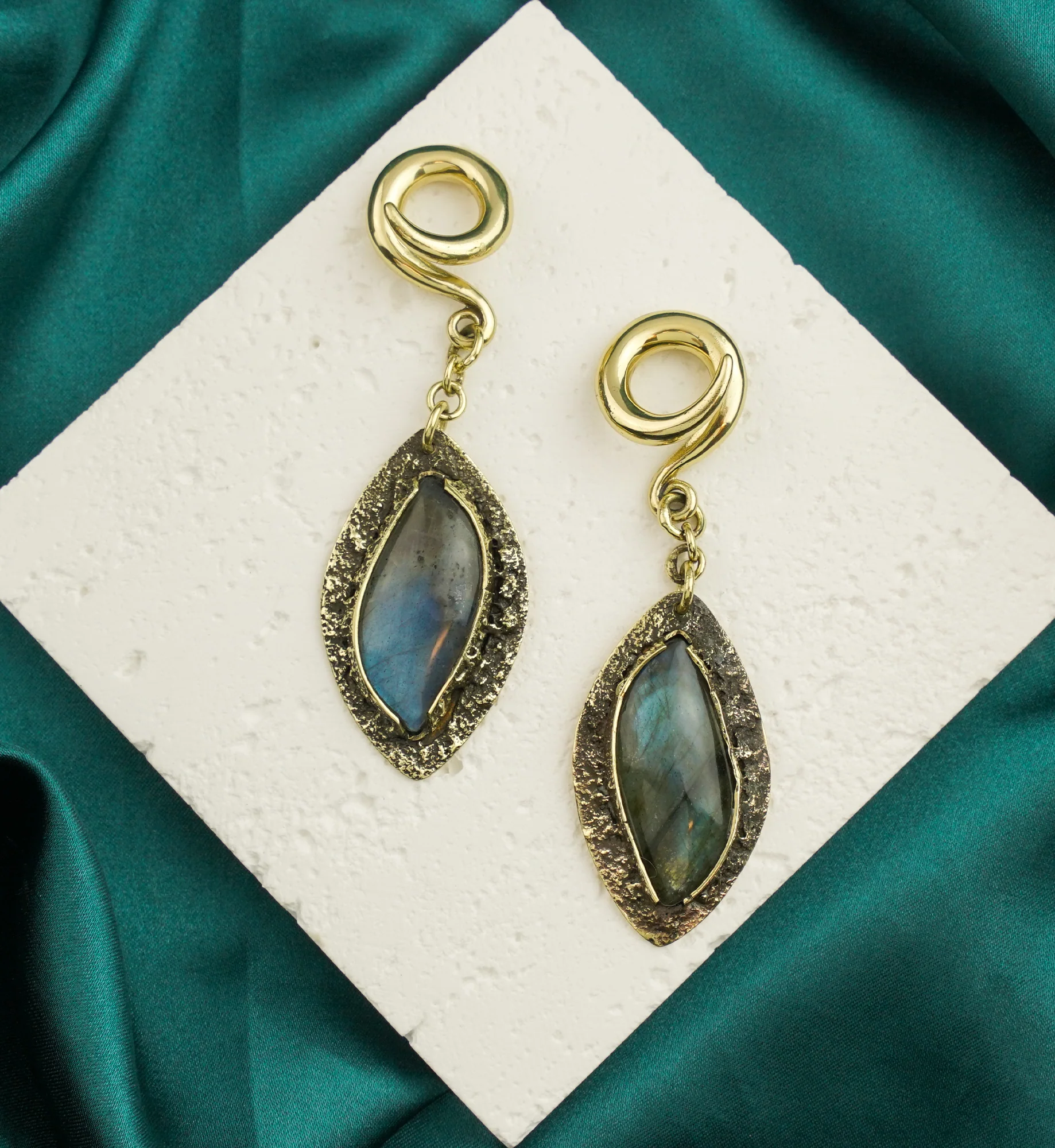 Textured Labradorite Stone Brass Hangers/Ear Weights Version 32 - Image 2