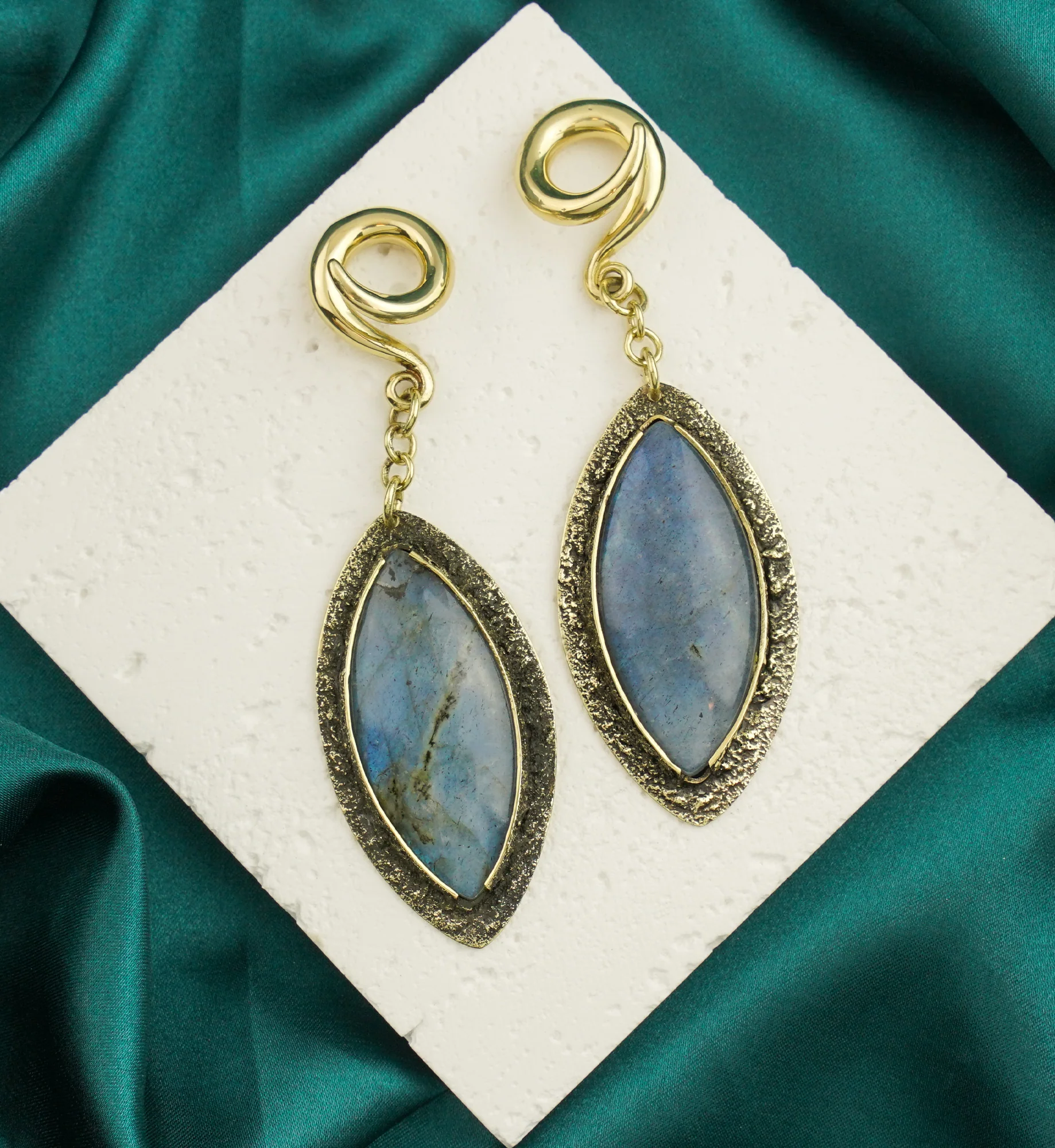 Textured Labradorite Stone Brass Hangers/Ear Weights Version 33 - Image 2