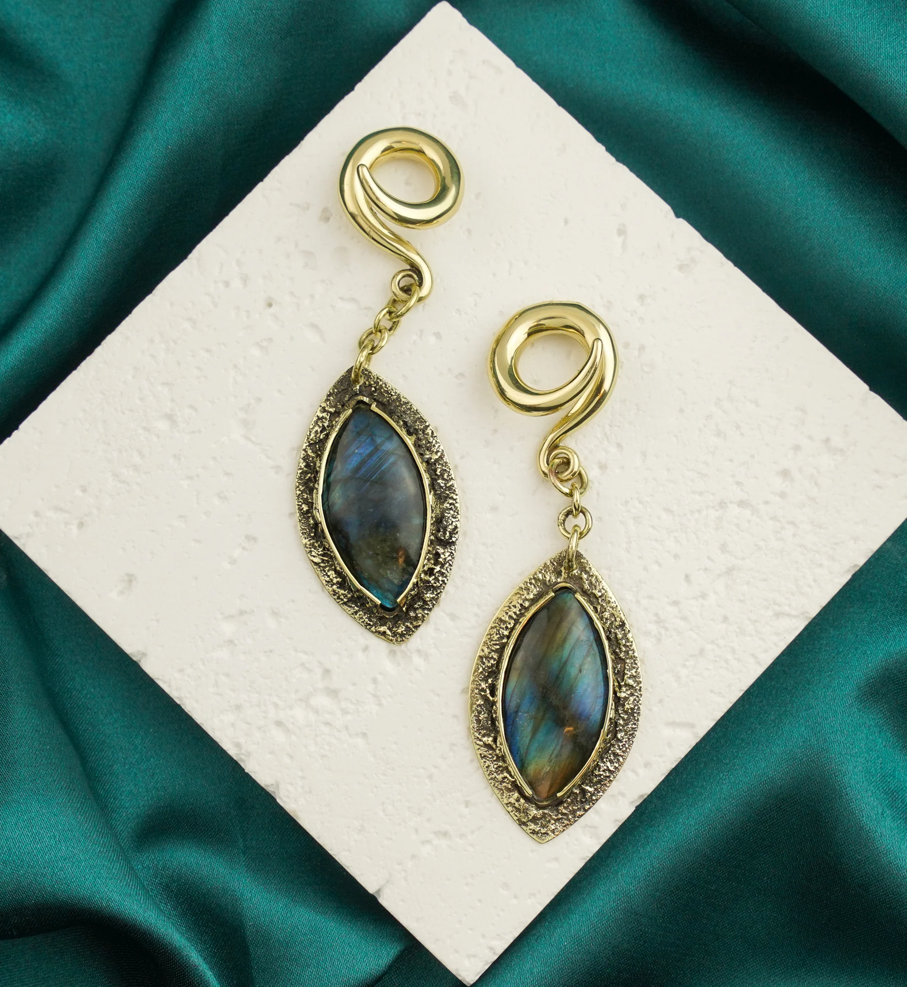 Textured Labradorite Stone Brass Hangers/Ear Weights Version 35 - Image 2