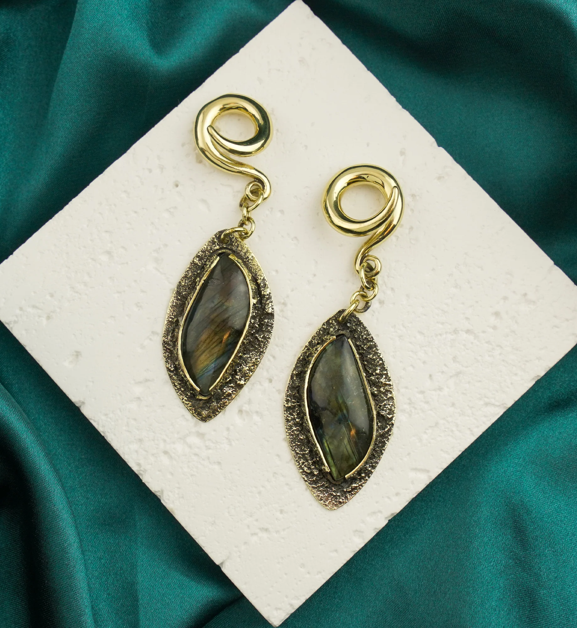 Textured Labradorite Stone Brass Hangers/Ear Weights Version 5 - Image 2