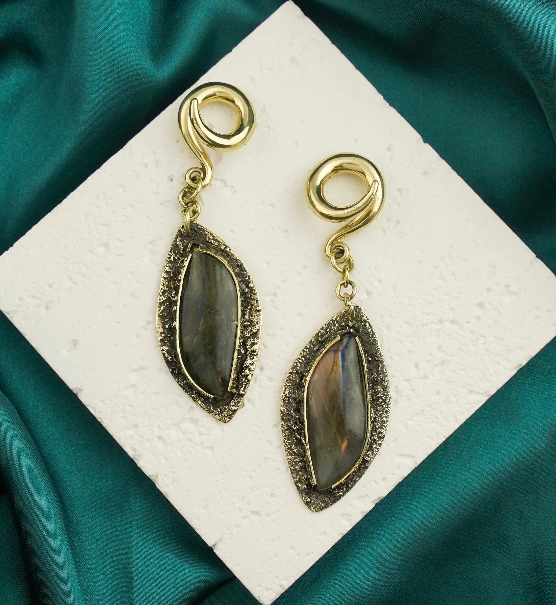 Textured Labradorite Stone Brass Hangers/Ear Weights Version 6 - Image 2