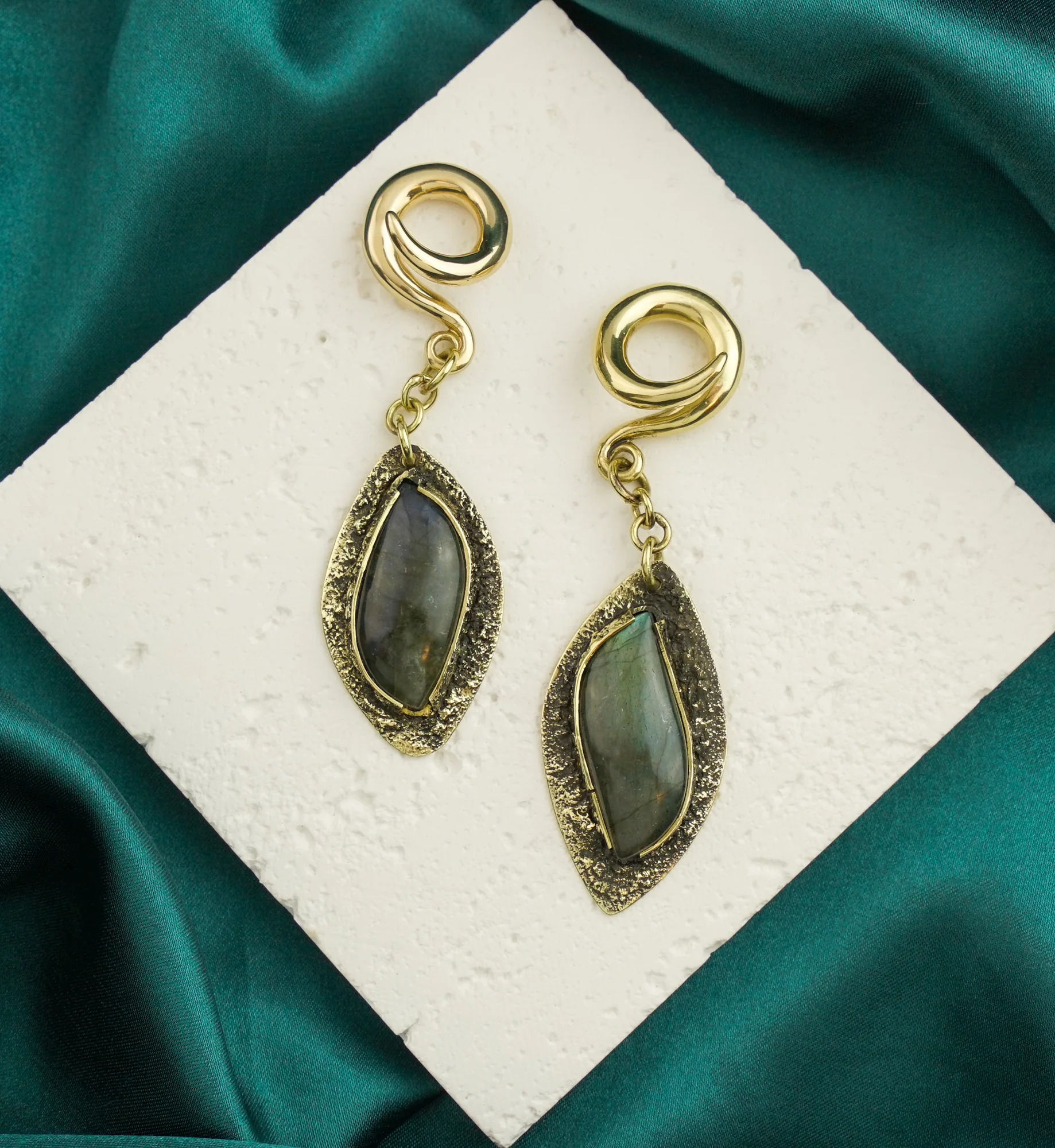 Textured Labradorite Stone Brass Hangers/Ear Weights Version 8 - Image 2