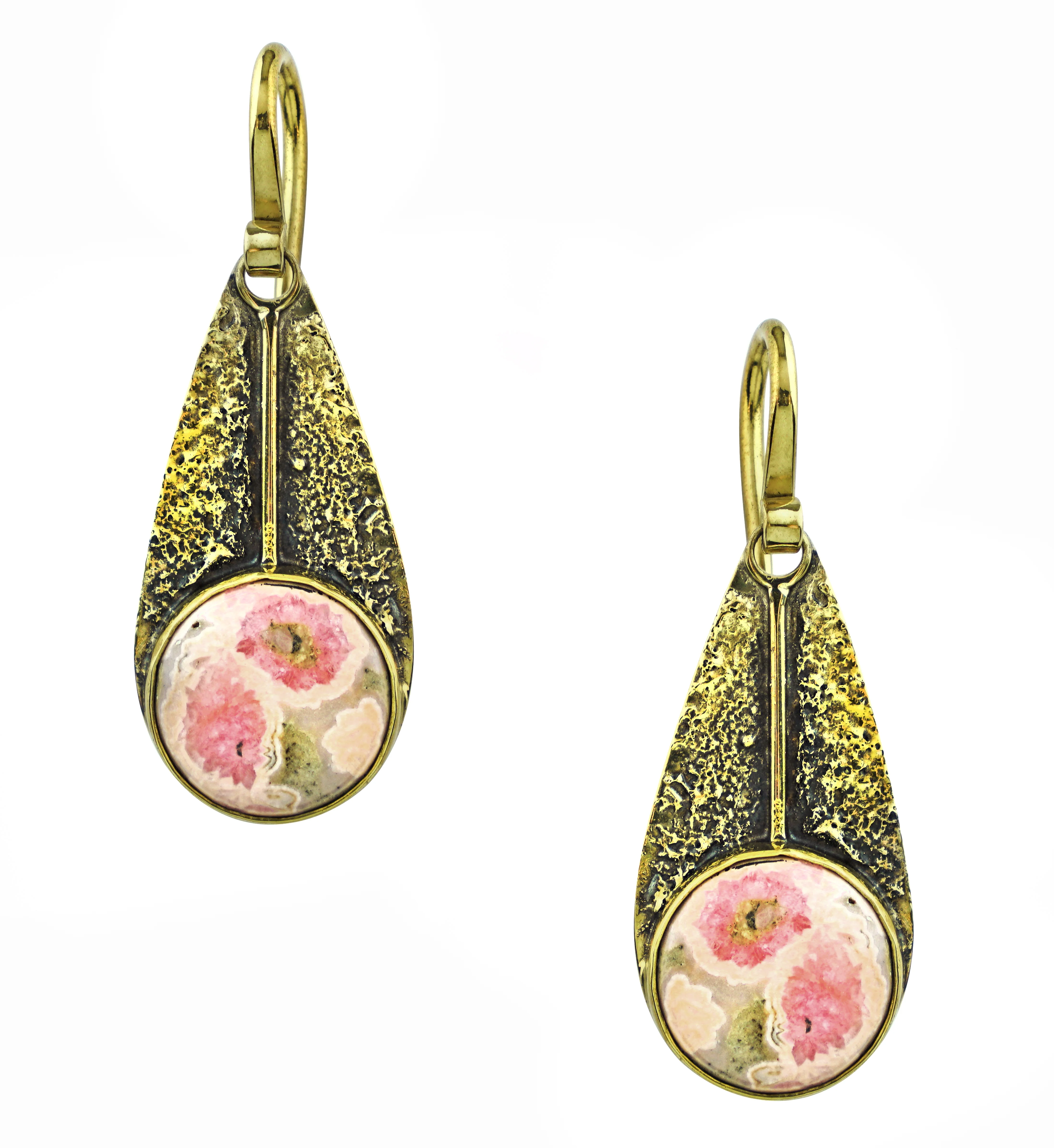 Scaled Dangle Rhodochrosite Stone Inlay Brass Earrings
