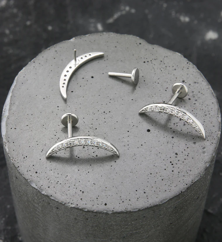 Thin Crescent CZ Stainless Steel Threadless Labret - Image 2