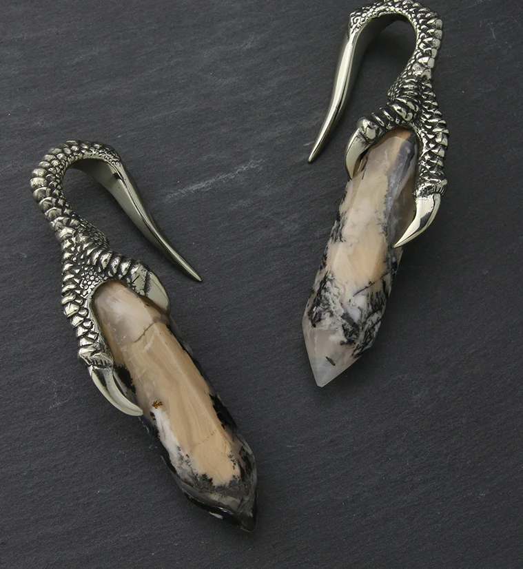 Tiger Dendritic Agate Stone Raven Claw White Brass Ear Weights - Image 2