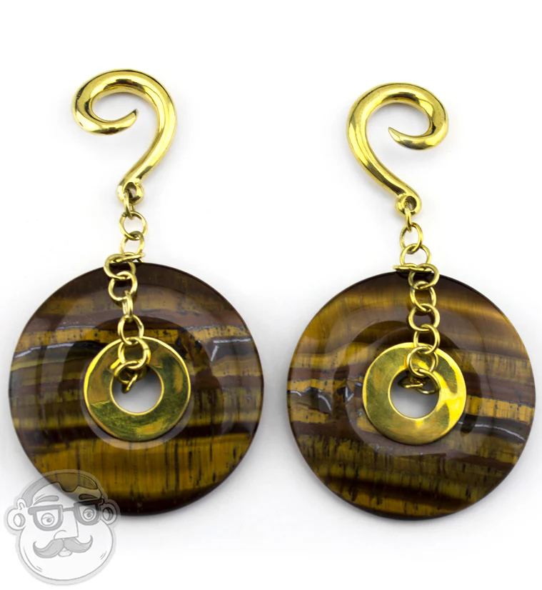 Tiger Eye Stone Disk Brass Ear Weights