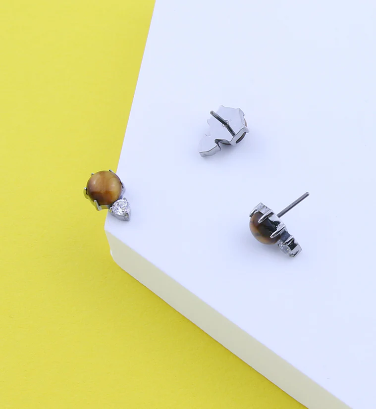 Tiger Eye Stone Drop Clear CZ Titanium Threadless Top - Image 2
