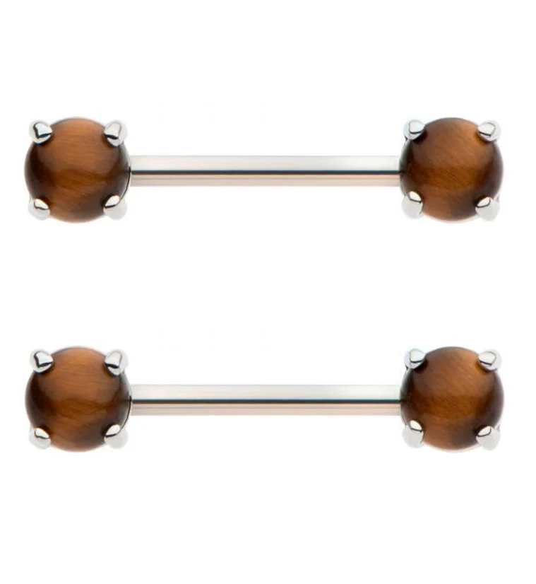 Tiger's Eye Stone Prong Stainless Steel Nipple Barbell