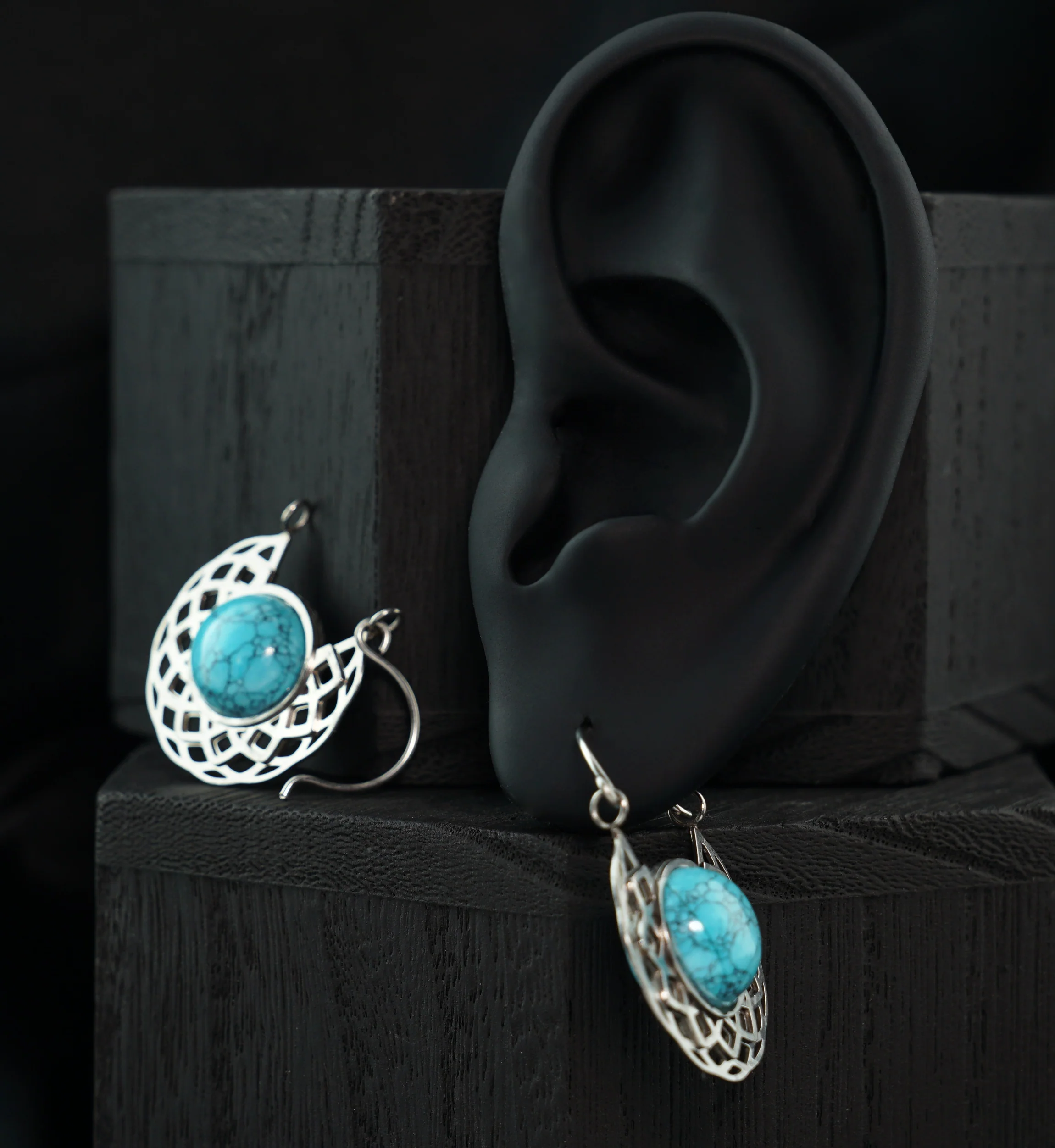 Torus Howlite Turquoise Stone Inlay Stainless Steel Earrings - Image 2