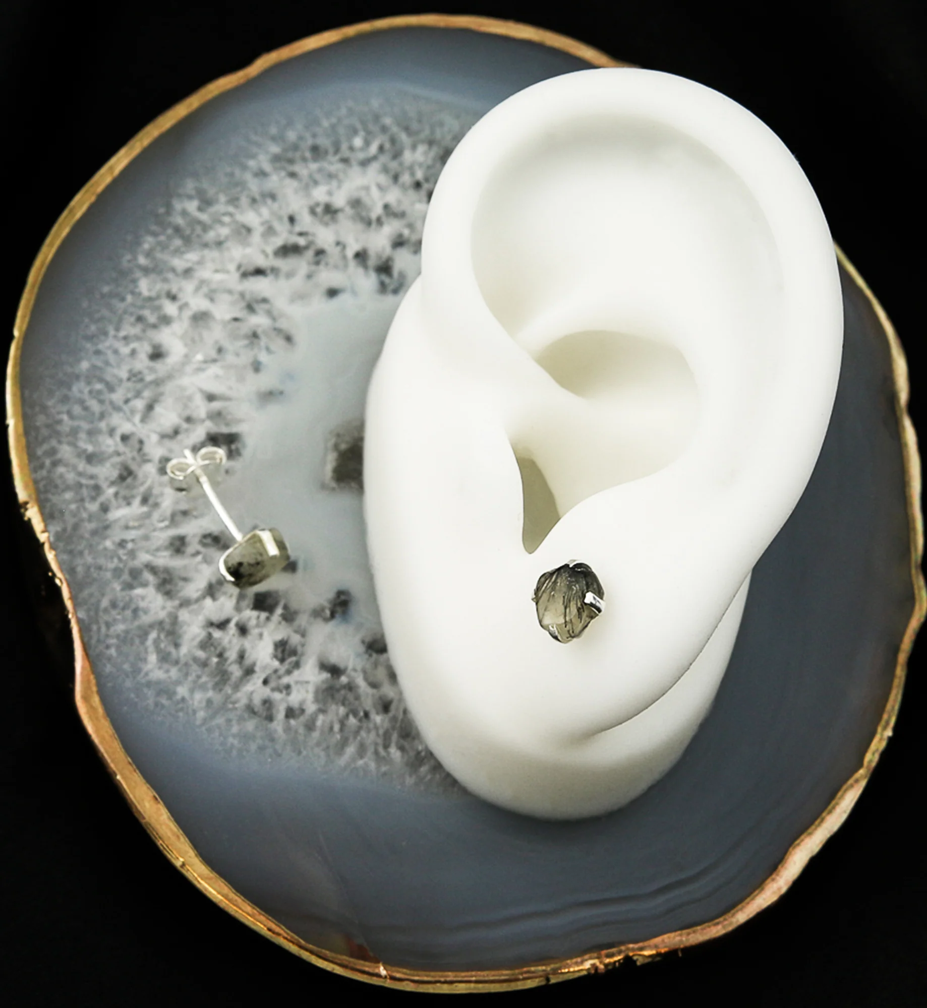 Tourmalated Quartz Stone Prong Set Sterling Silver Earrings - Image 2