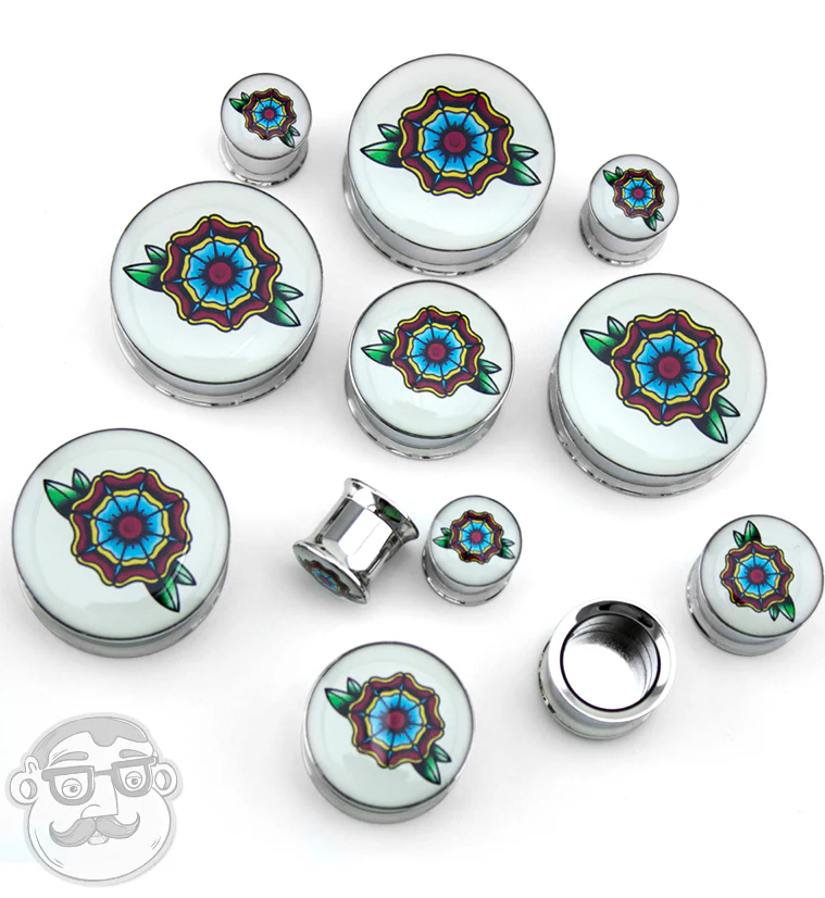 Traditional Flower Tattoo Steel Plugs - Image 3