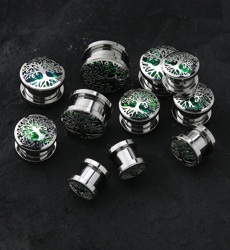 Tree Of Life Green Opalite Stainless Steel Screw Back Tunnel Plugs - Image 2