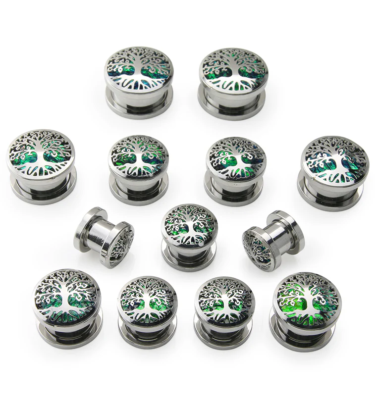Tree Of Life Green Opalite Stainless Steel Screw Back Tunnel Plugs - Image 3