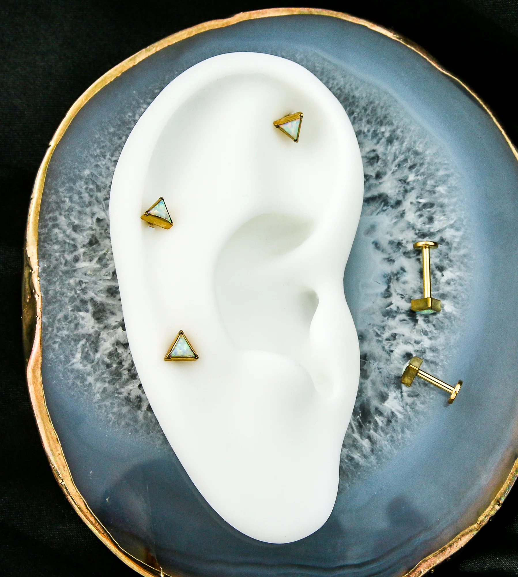 Gold PVD Triangle White Opalite Internally Threaded Titanium Labret - Image 2