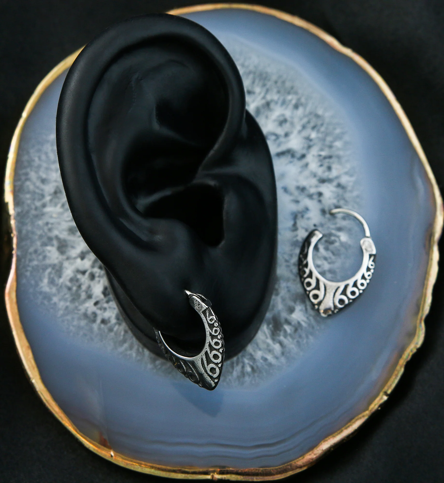 Tribal Teardrop Stainless Steel Hinged Hoop Earrings - Image 2