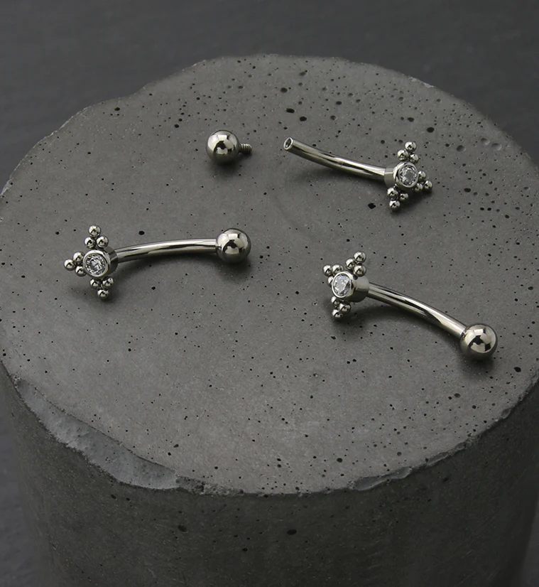 Triple Bead CZ Internally Threaded Titanium Curved Barbell - Image 2