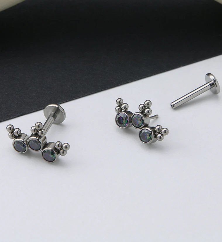 16G Triple Beaded Black Aurora CZ Curve Titanium Threadless Labret - Image 2