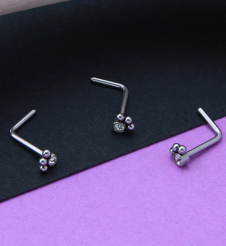 Triple Beaded Clear CZ L Bend Nose Stud - Image 2