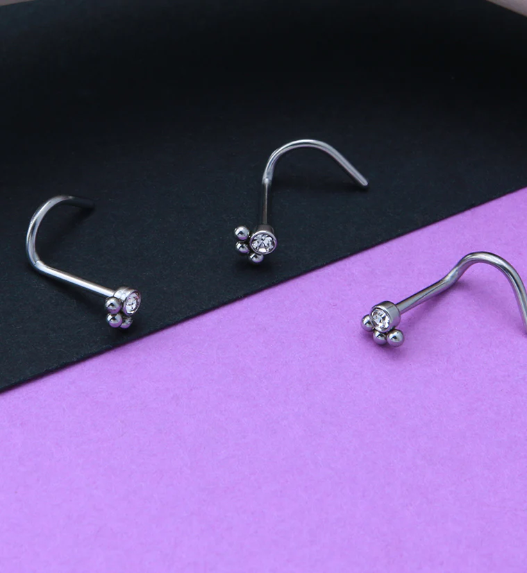 Triple Beaded Clear CZ Nose Screw Ring - Image 2