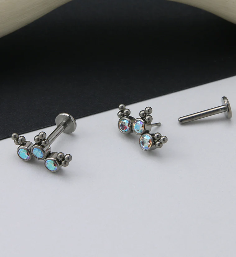 16G Triple Beaded Rainbow Aurora CZ Curve Titanium Threadless Labret - Image 2