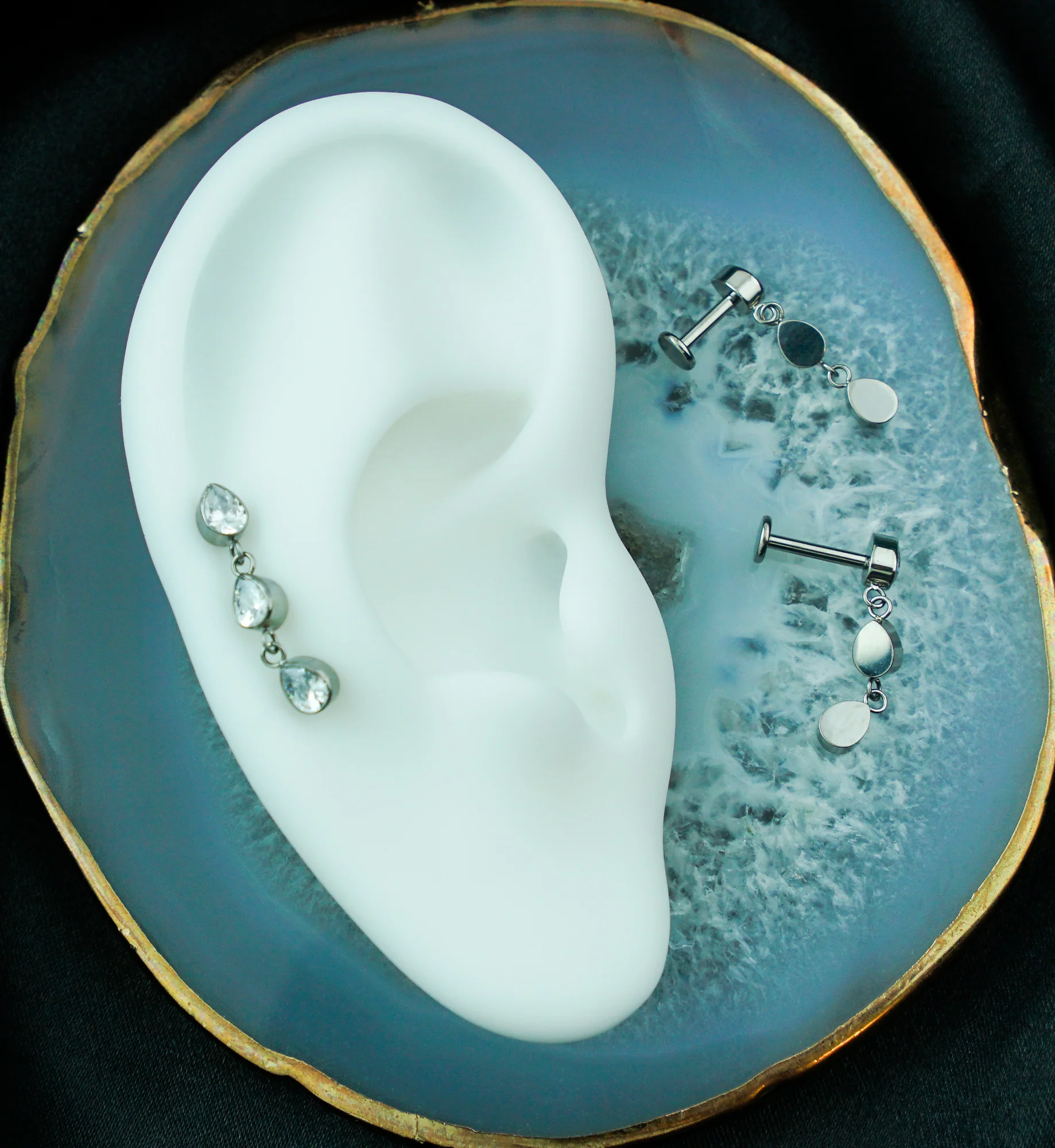 Triple Bezel Teardrop Dangle Clear CZ Titanium Internally Threaded Labret - Image 2