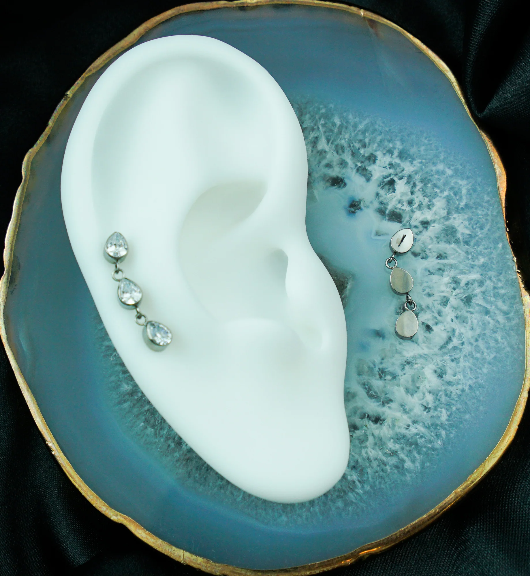 Triple Bezel Teardrop Dangle Clear CZ Titanium Threadless Top - Image 2