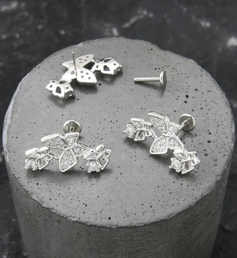 Triple Butterfly Outline CZ Stainless Steel Threadless Labret - Image 2