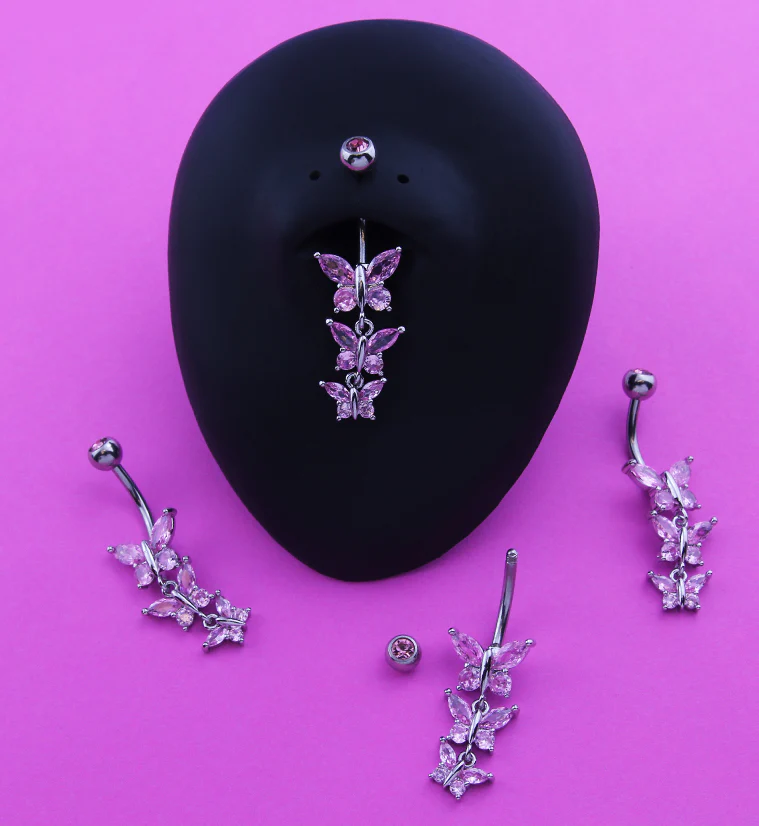Triple Butterfly Pink CZ Dangle Stainless Steel Belly Button Ring - Image 2