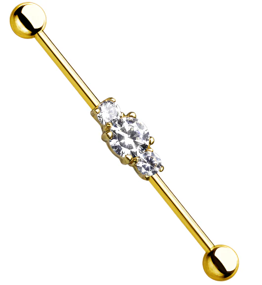Triple CZ Gem Gold PVD Industrial Barbell
