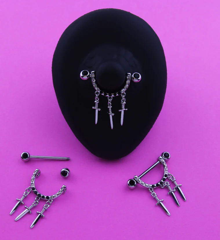 Triple Dagger Dangle Black CZ Stainless Steel Nipple Barbell - Image 2