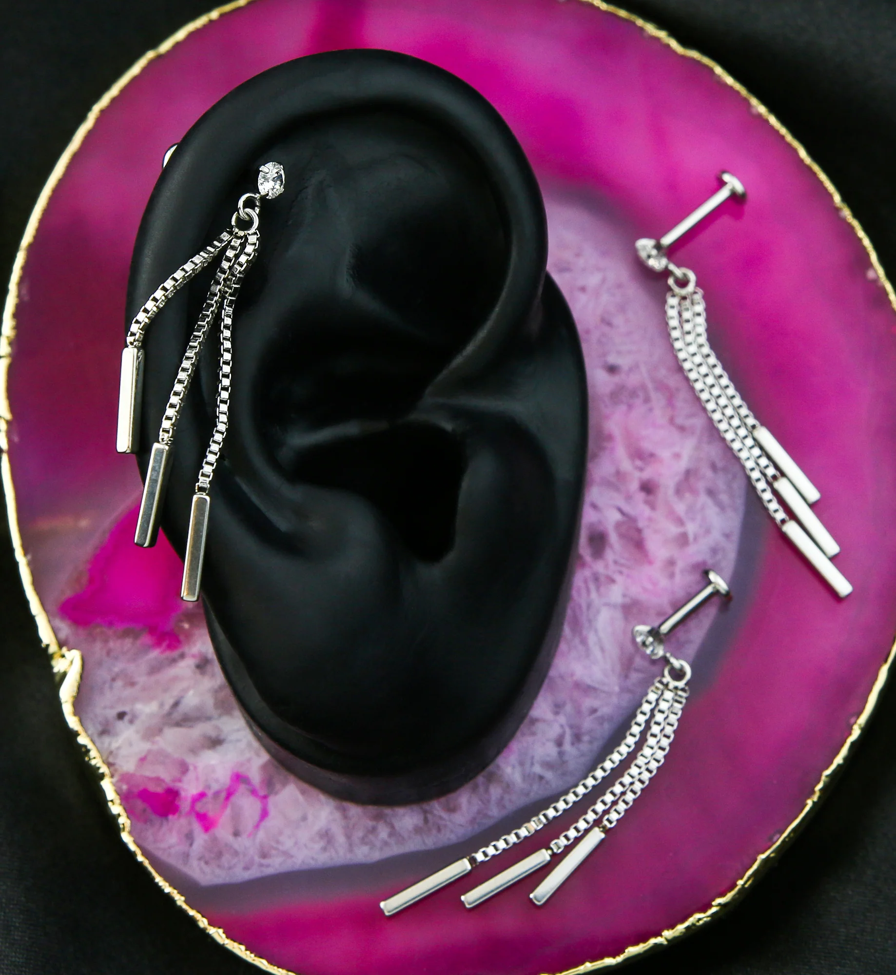 Triple Dangle Clear CZ Stainless Steel Internally Threaded Labret - Image 2