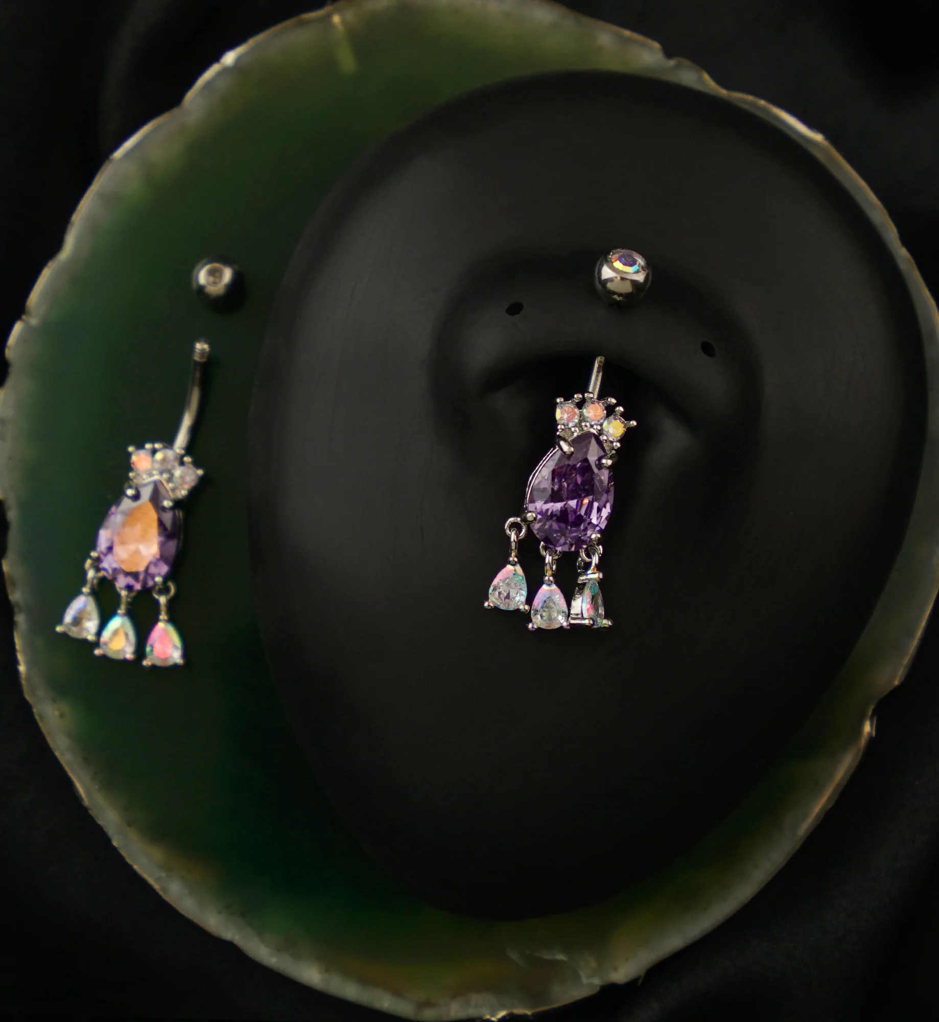 Triple Dangle Teardrop Amethyst And Rainbow Aurora CZ Stainless Steel Belly Button Ring - Image 2