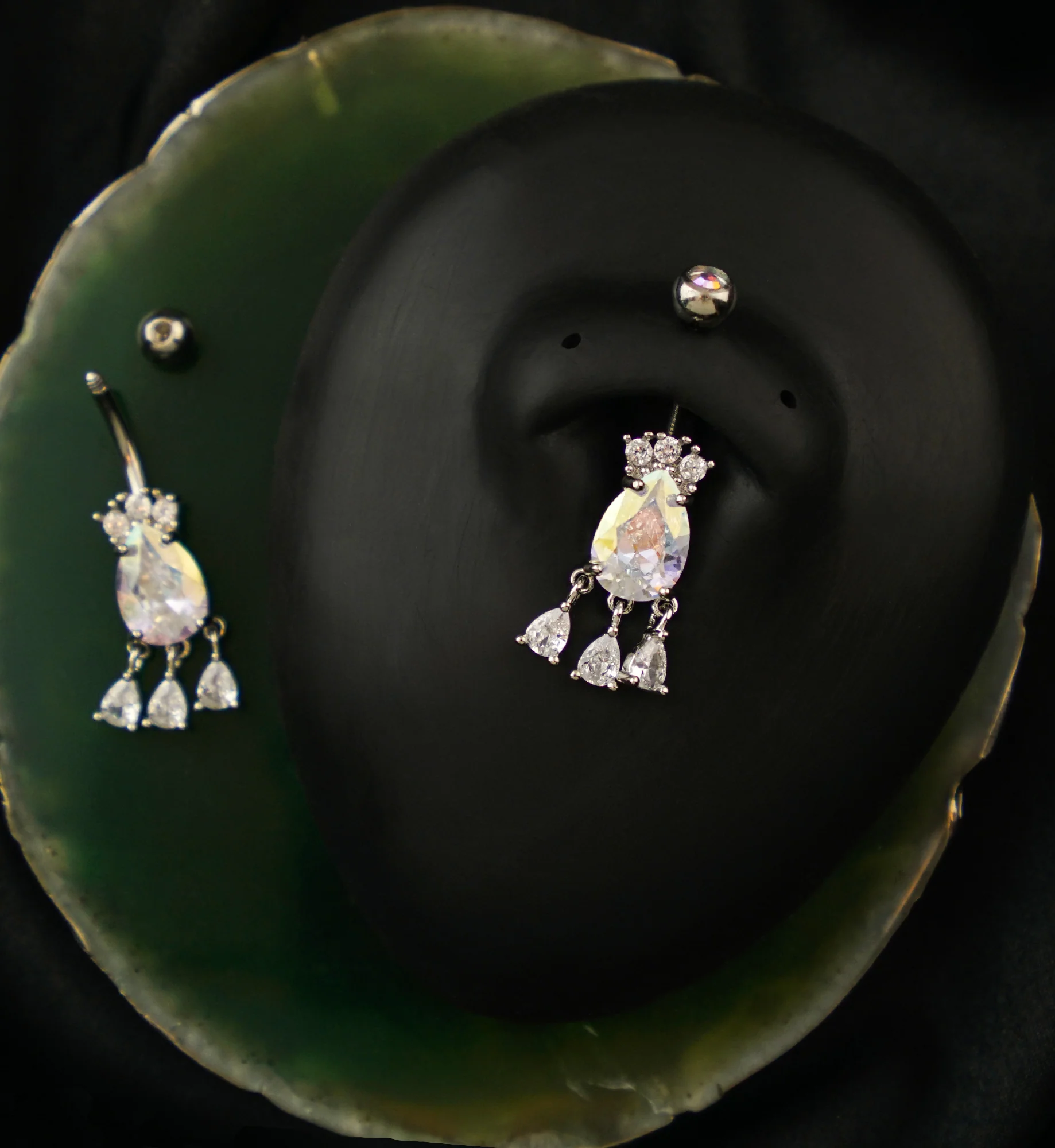 Triple Dangle Teardrop Rainbow Aurora And Clear CZ Stainless Steel Belly Button Ring - Image 2